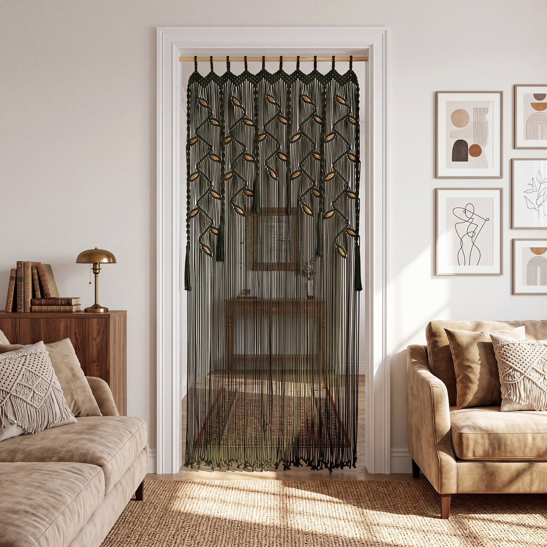 Decorative black curtain with gold accents hanging in a living room.