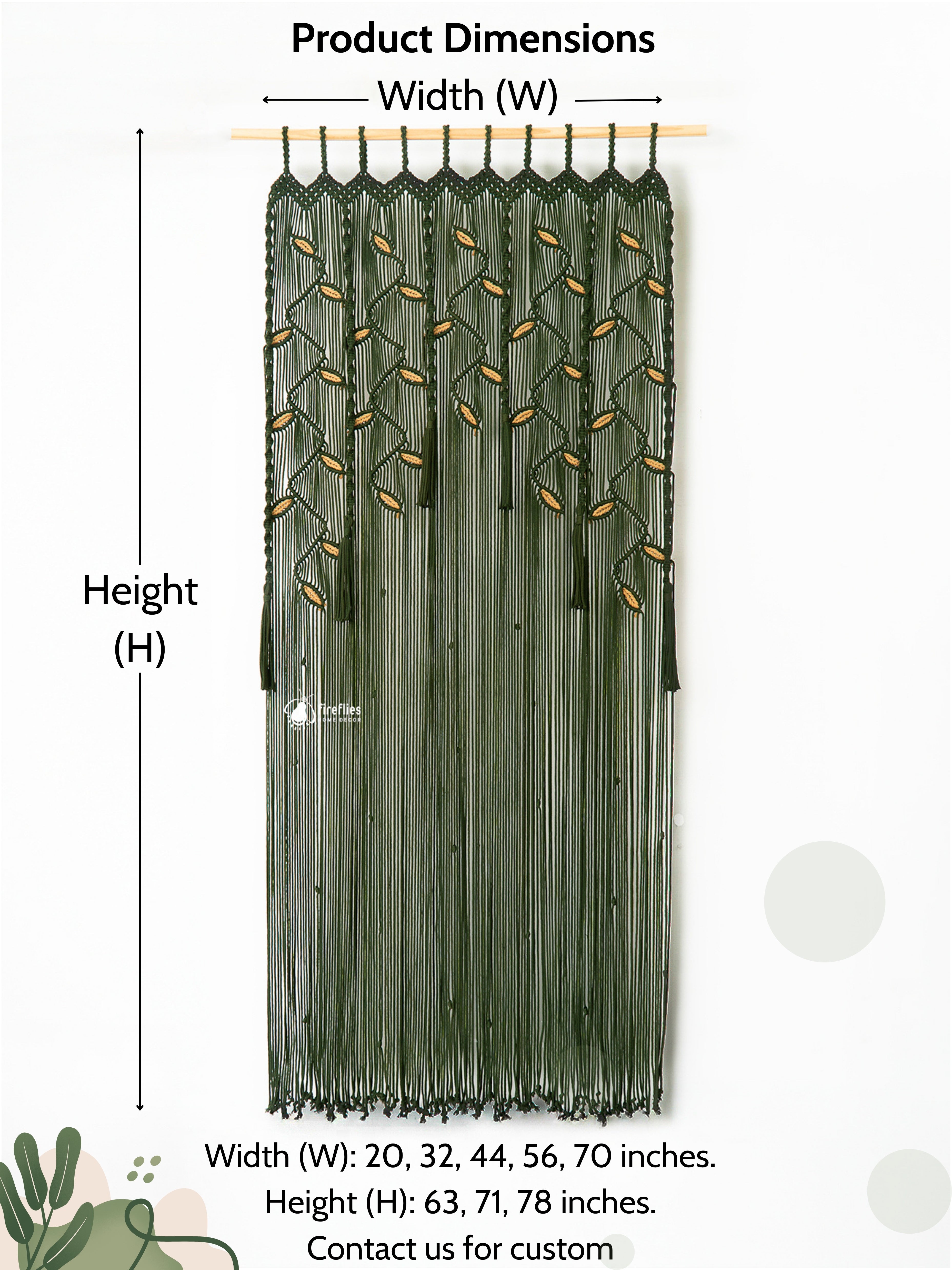 Green beaded curtain with dimensions labeled on a white background