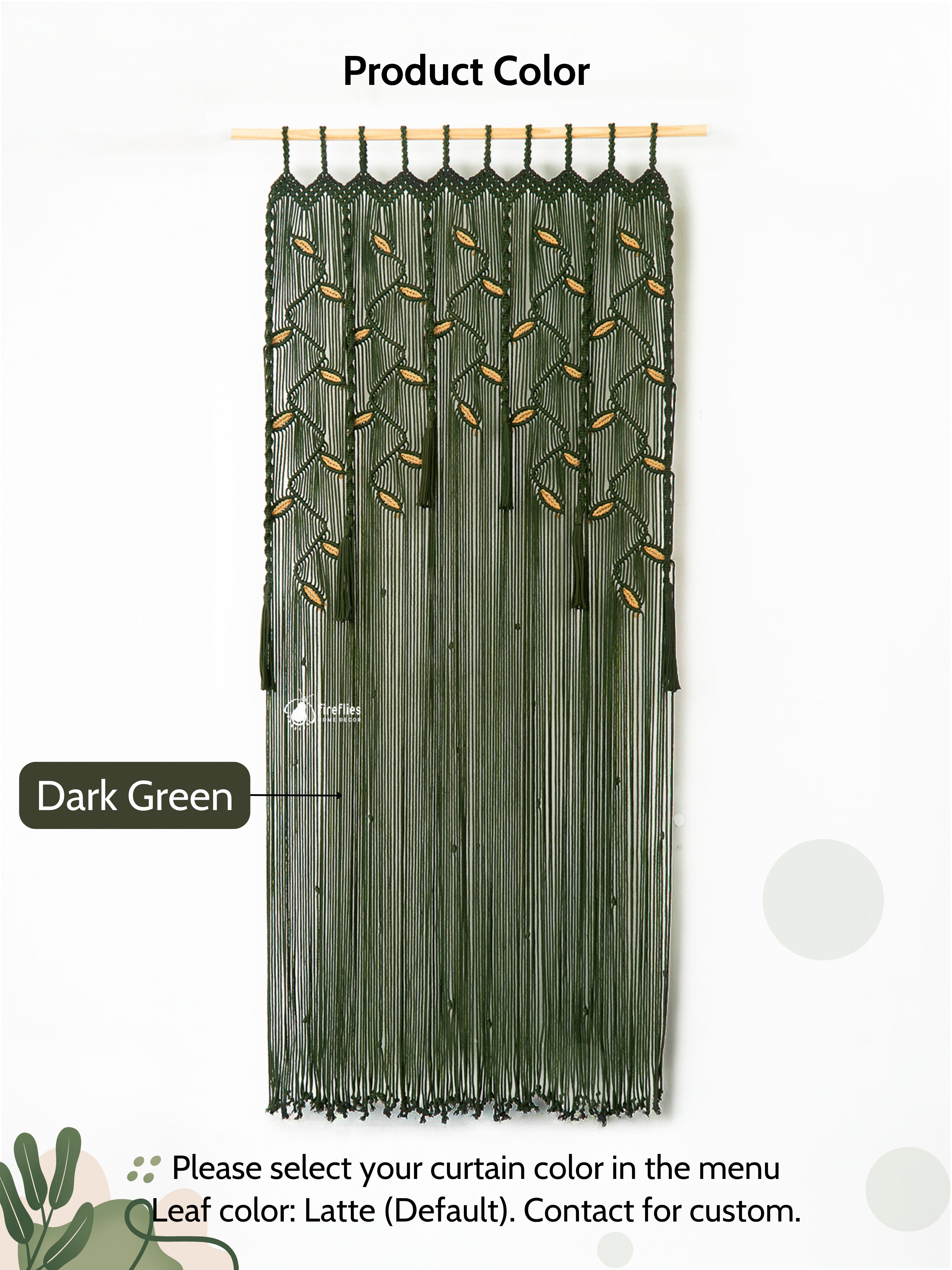 Dark green curtain with leaf patterns on a white background