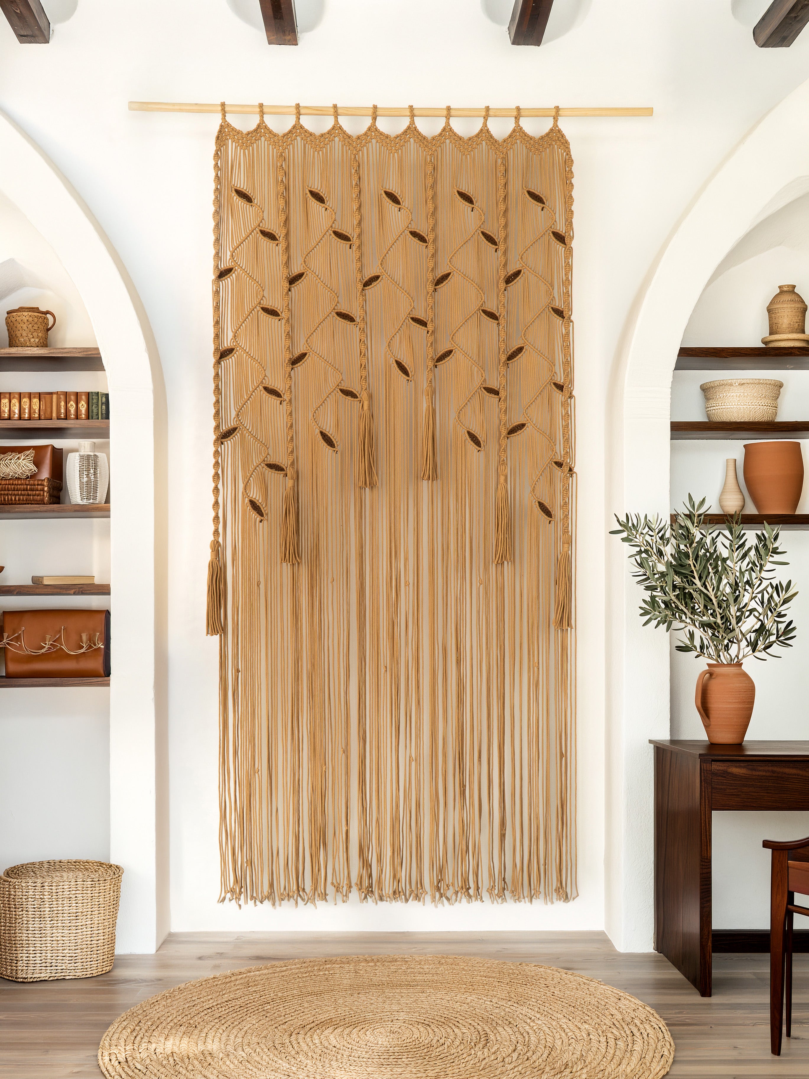 Textured wall hanging in a room with shelves and decor