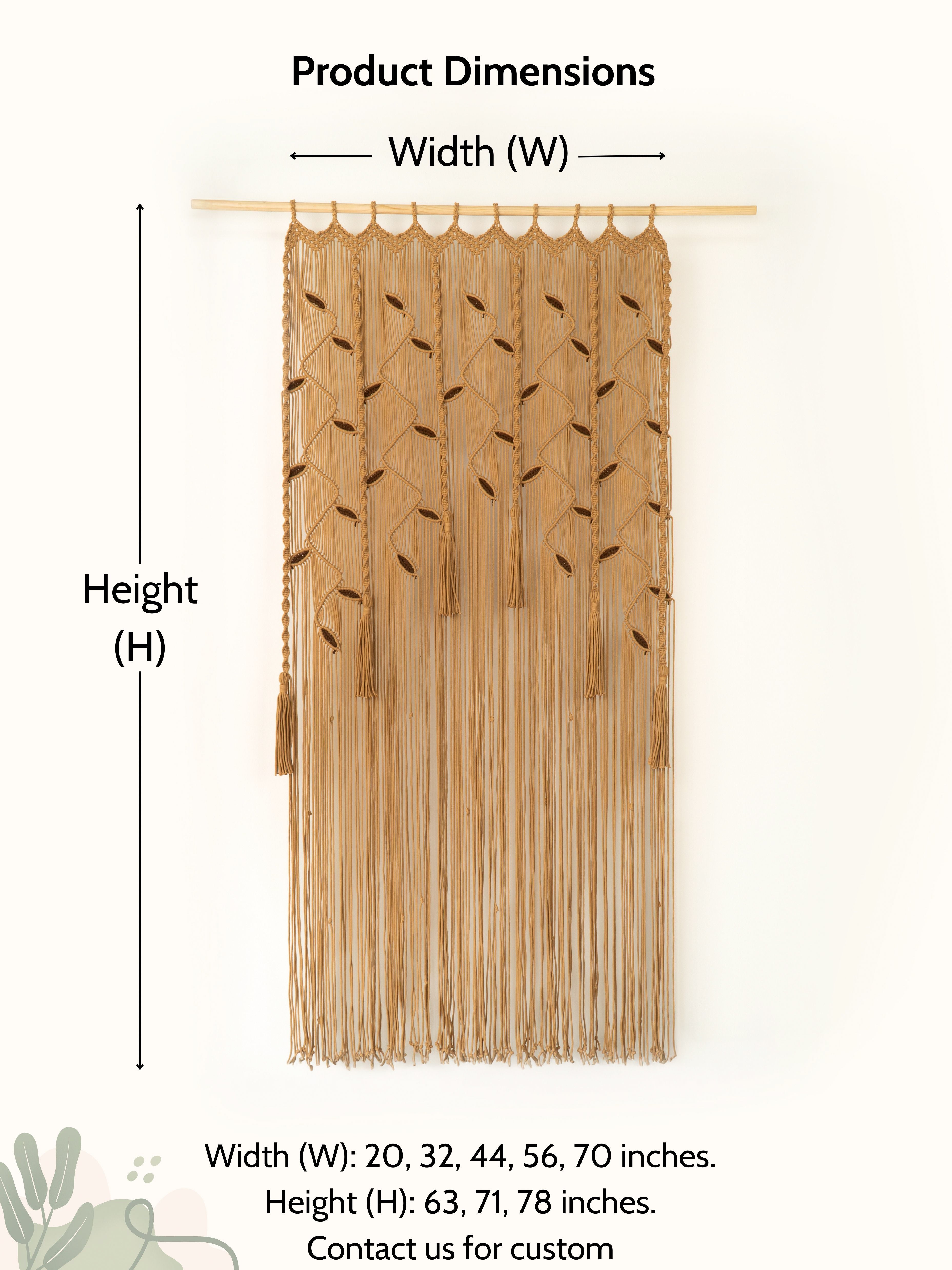 Wooden fringe curtain with dimensions labeled on a white background
