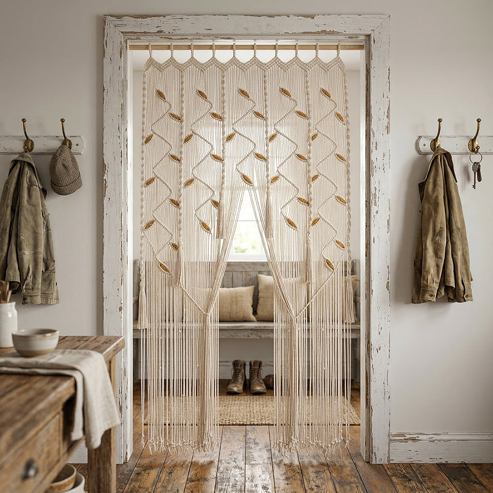 String art door with hooks on a rustic interior setting