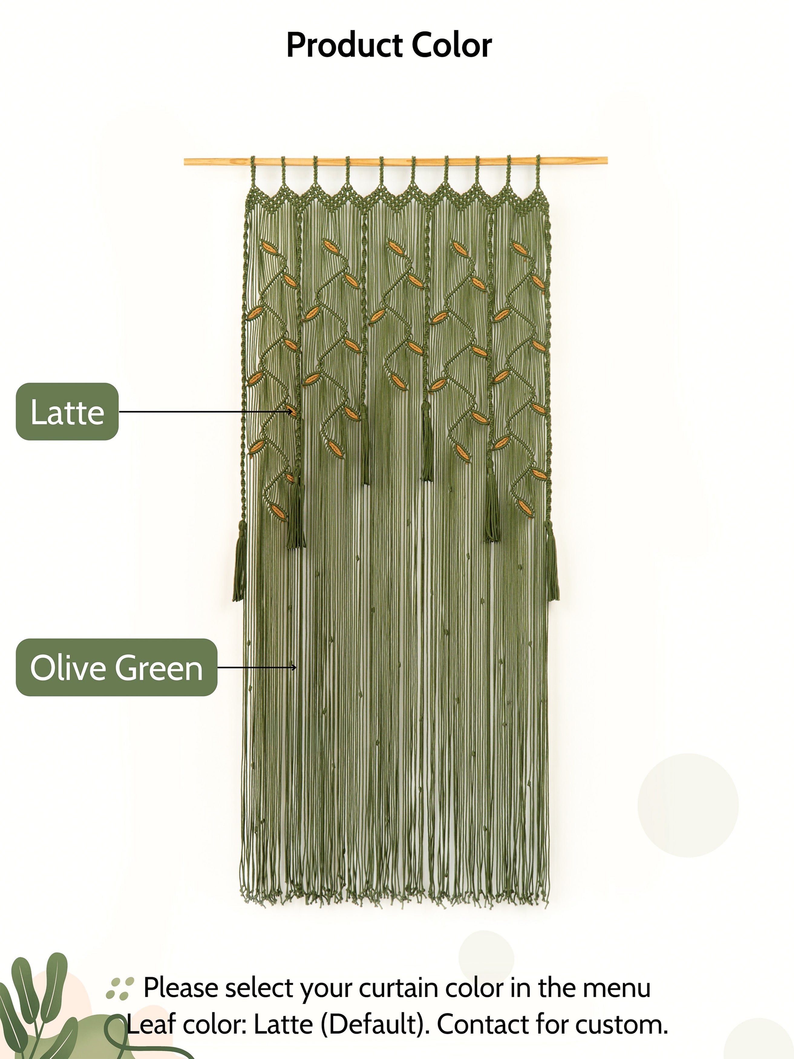 Green curtain with leaf pattern labeled 'Latte' and 'Olive Green' on a white background.