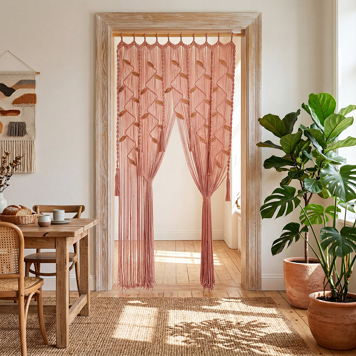 Decorative pink curtain with leaf pattern in a room with a wooden table and plants.