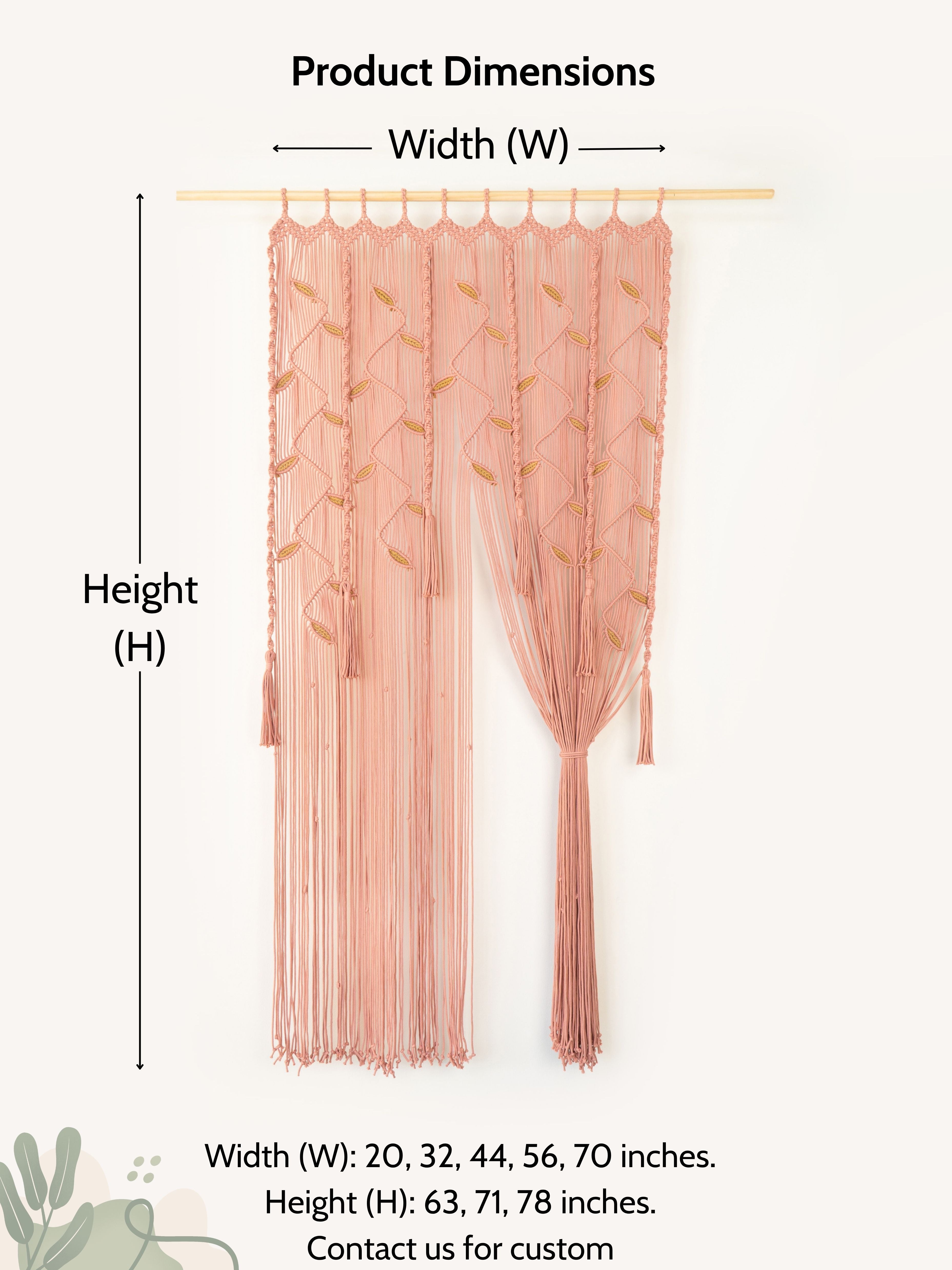 Pink tassel curtain with dimensions labeled on a white background
