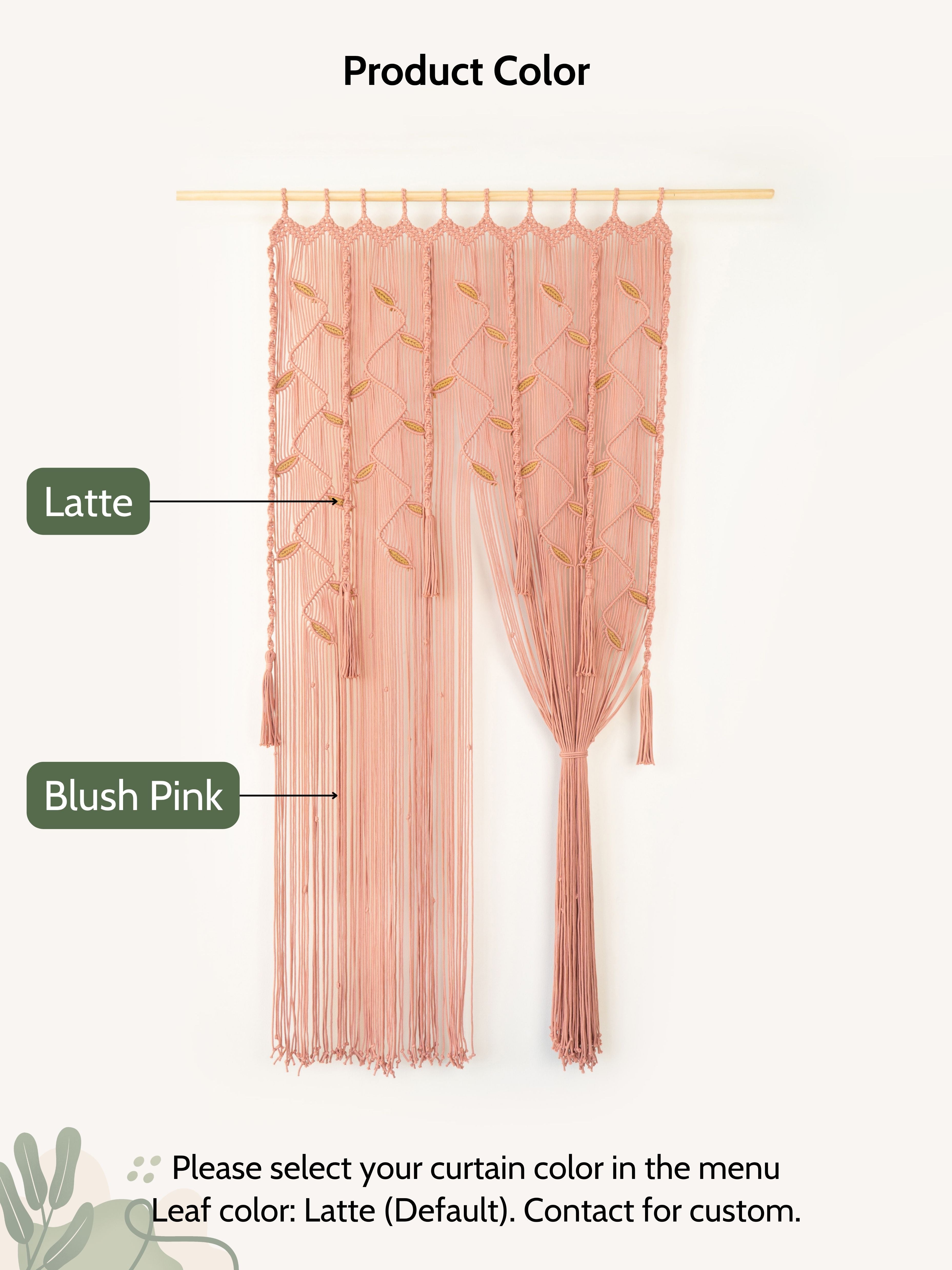 Two curtains labeled 'Latte' and 'Blush Pink' on a white background.