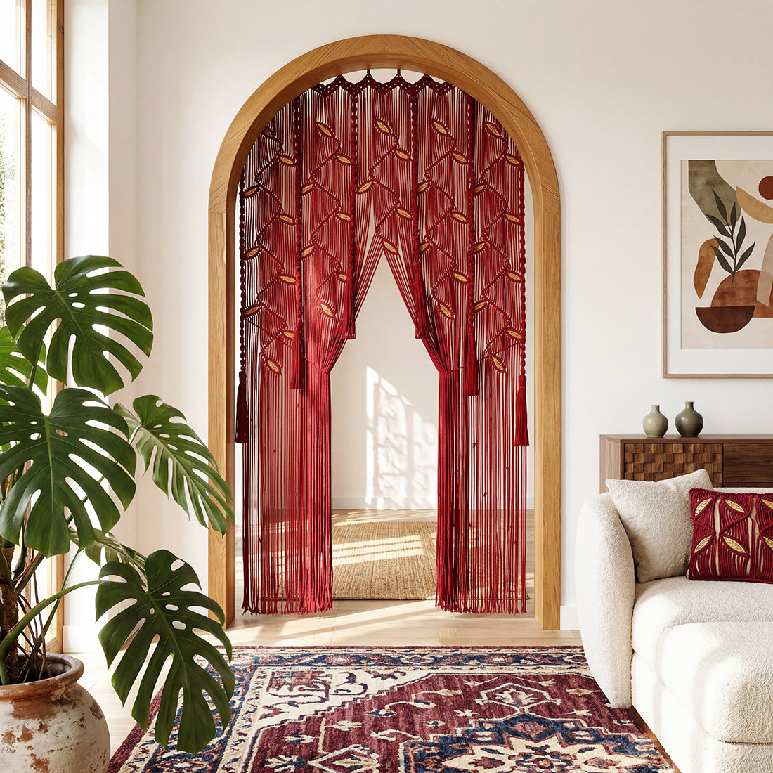 Decorative red string curtain in a room with a plant, sofa, and abstract art.