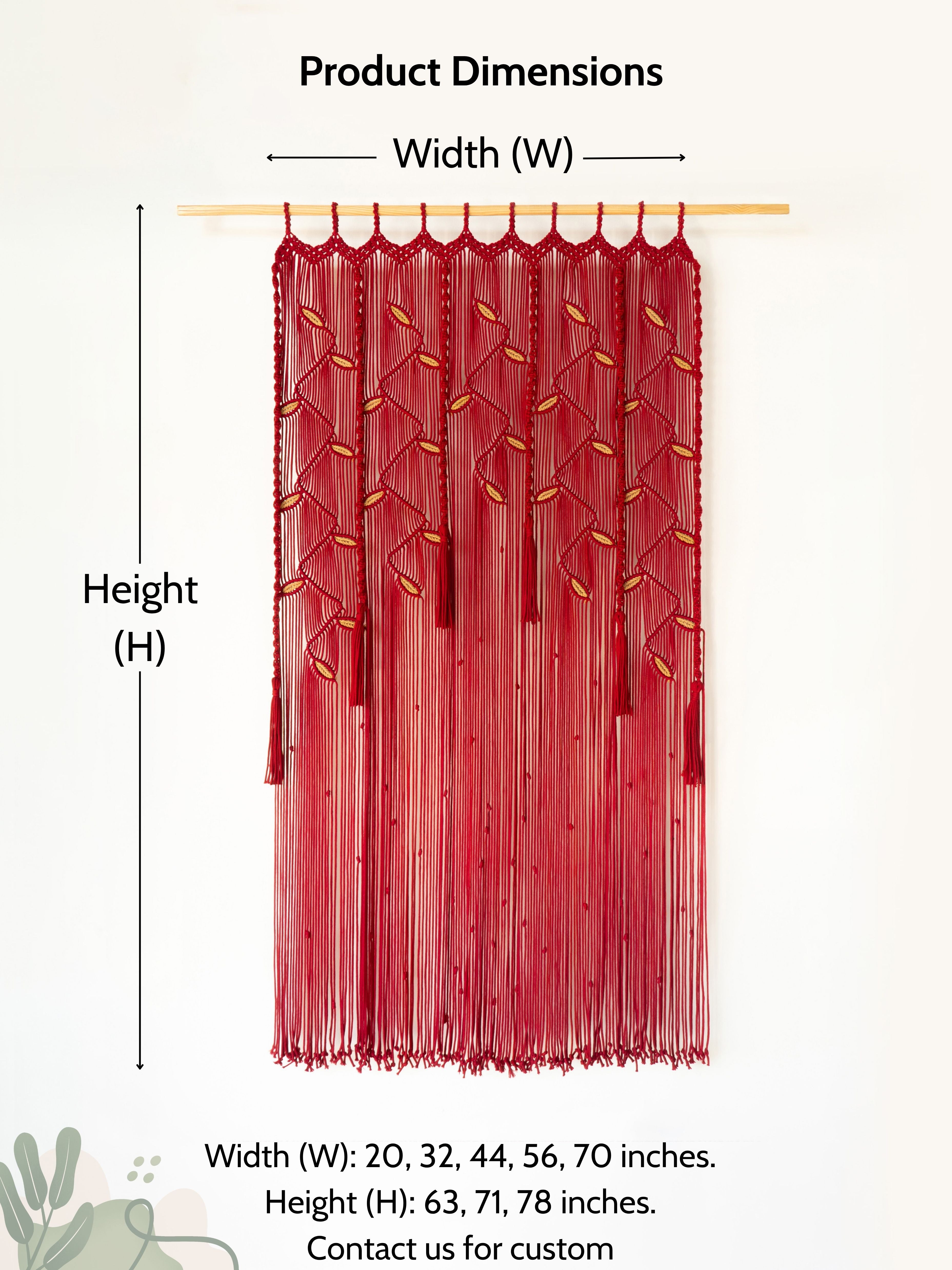 Red string curtain with dimensions labeled on a white background