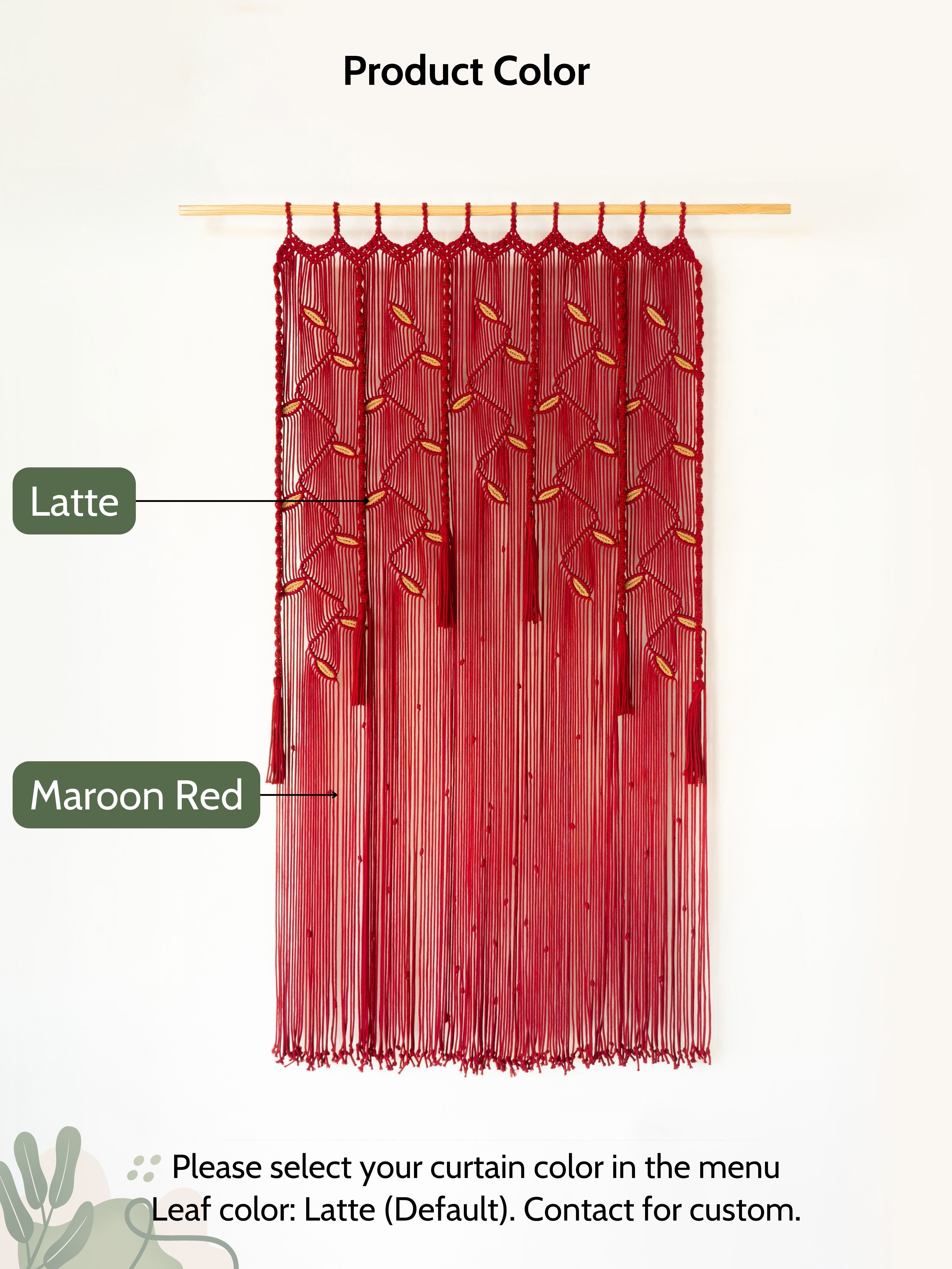 Red curtain with leaf pattern labeled 'Maroon Red' and 'Latte'.