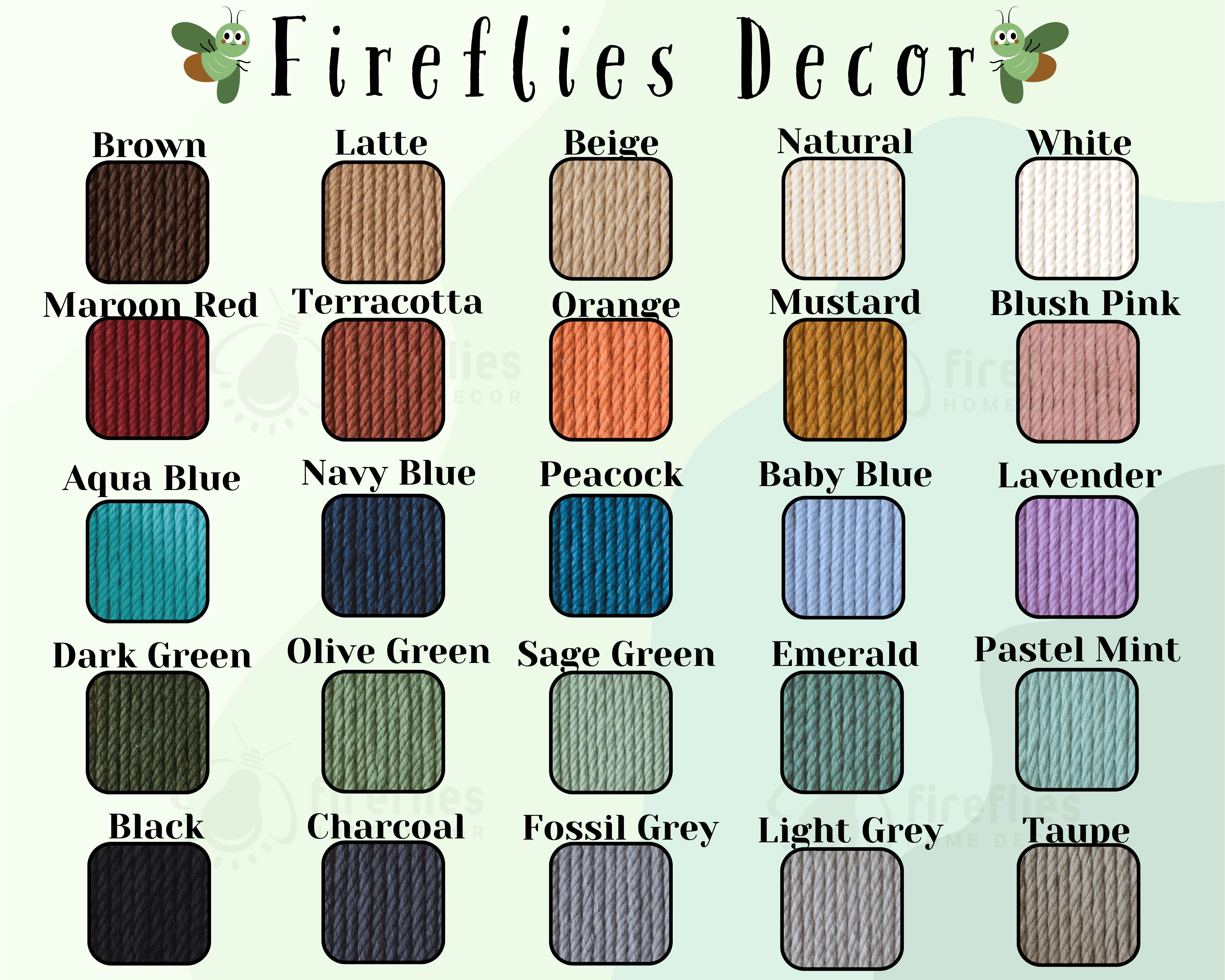 Color swatch chart for fireflies decor with various color options.