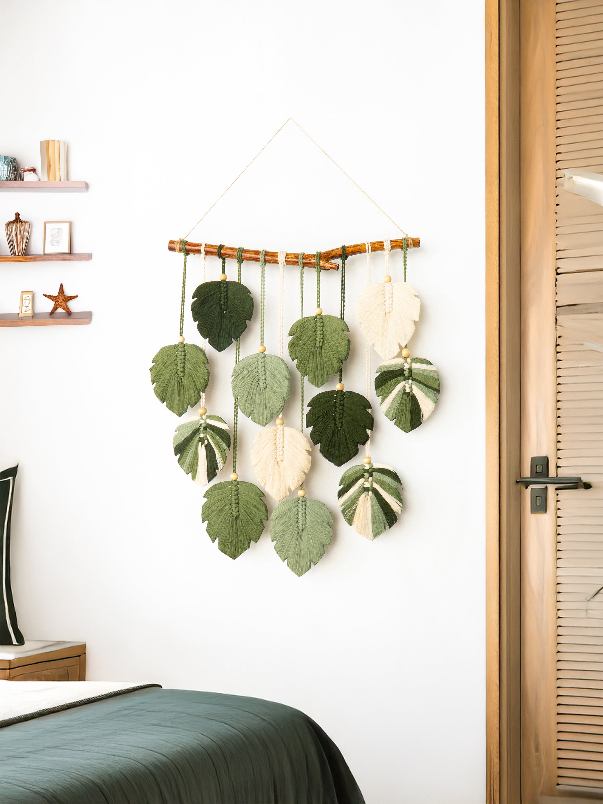Decorative wall hanging with leaf patterns in a kitchen setting