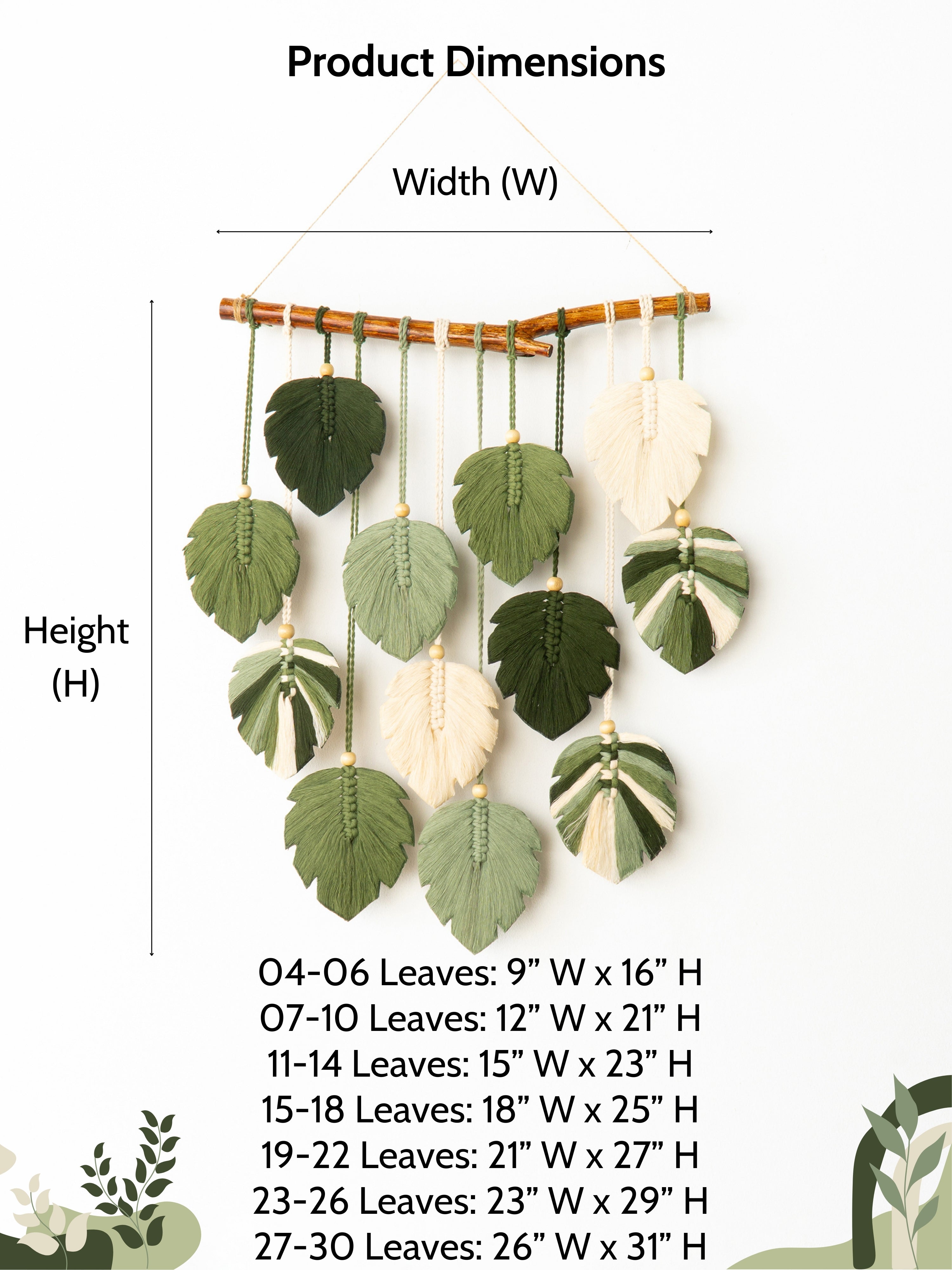 Decorative wall hanging with leaves and its dimensions on a white background