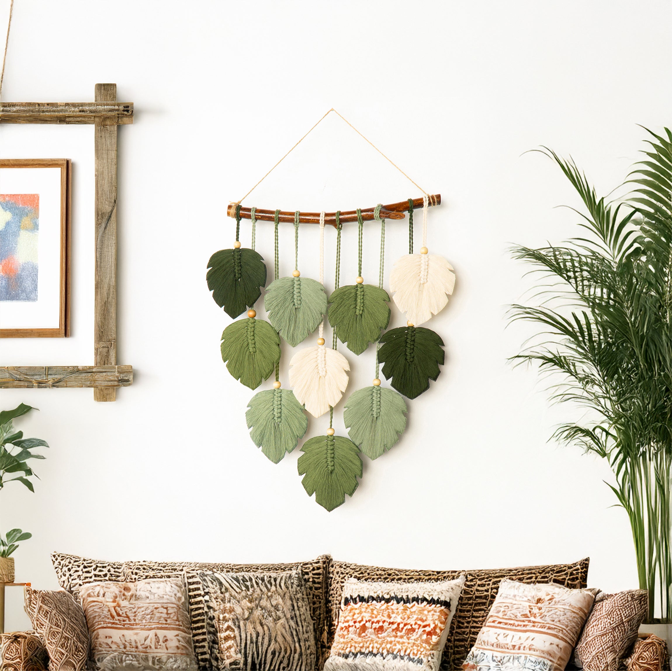 Decorative wall hanging with leaf patterns in a living room setting