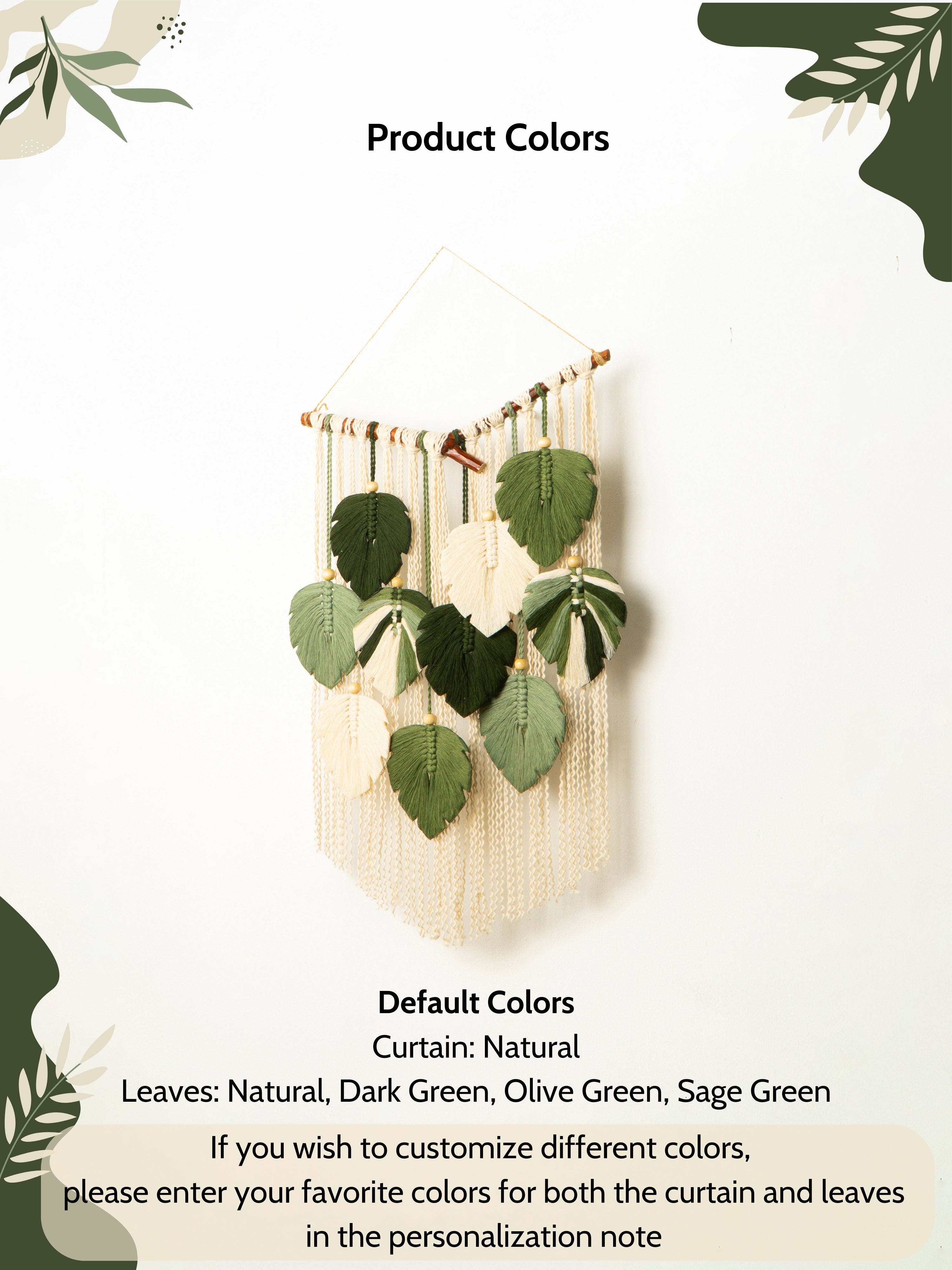 Hanging plant decor with leaves and natural curtain on a white background