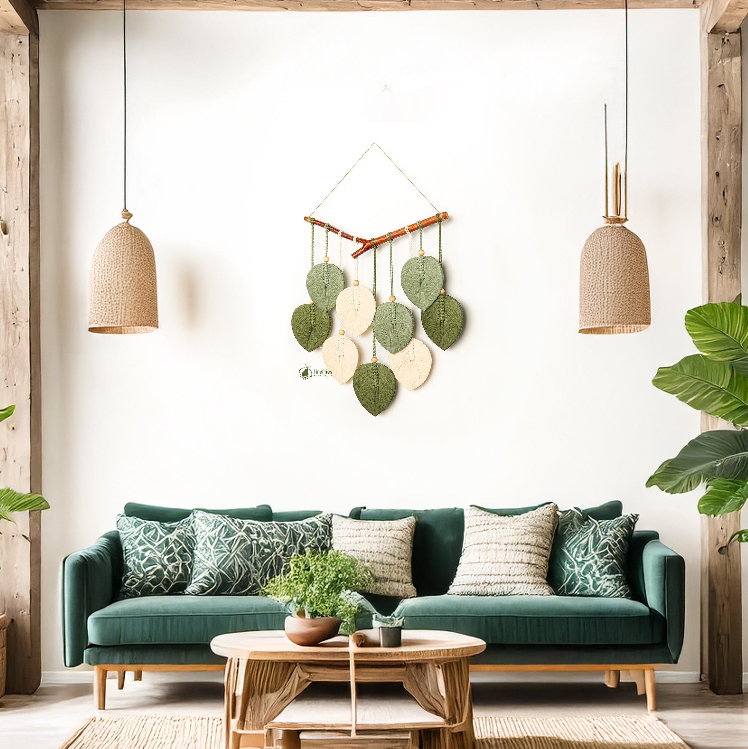 Modern living room with a green sofa, wooden coffee table, and decorative wall hanging.