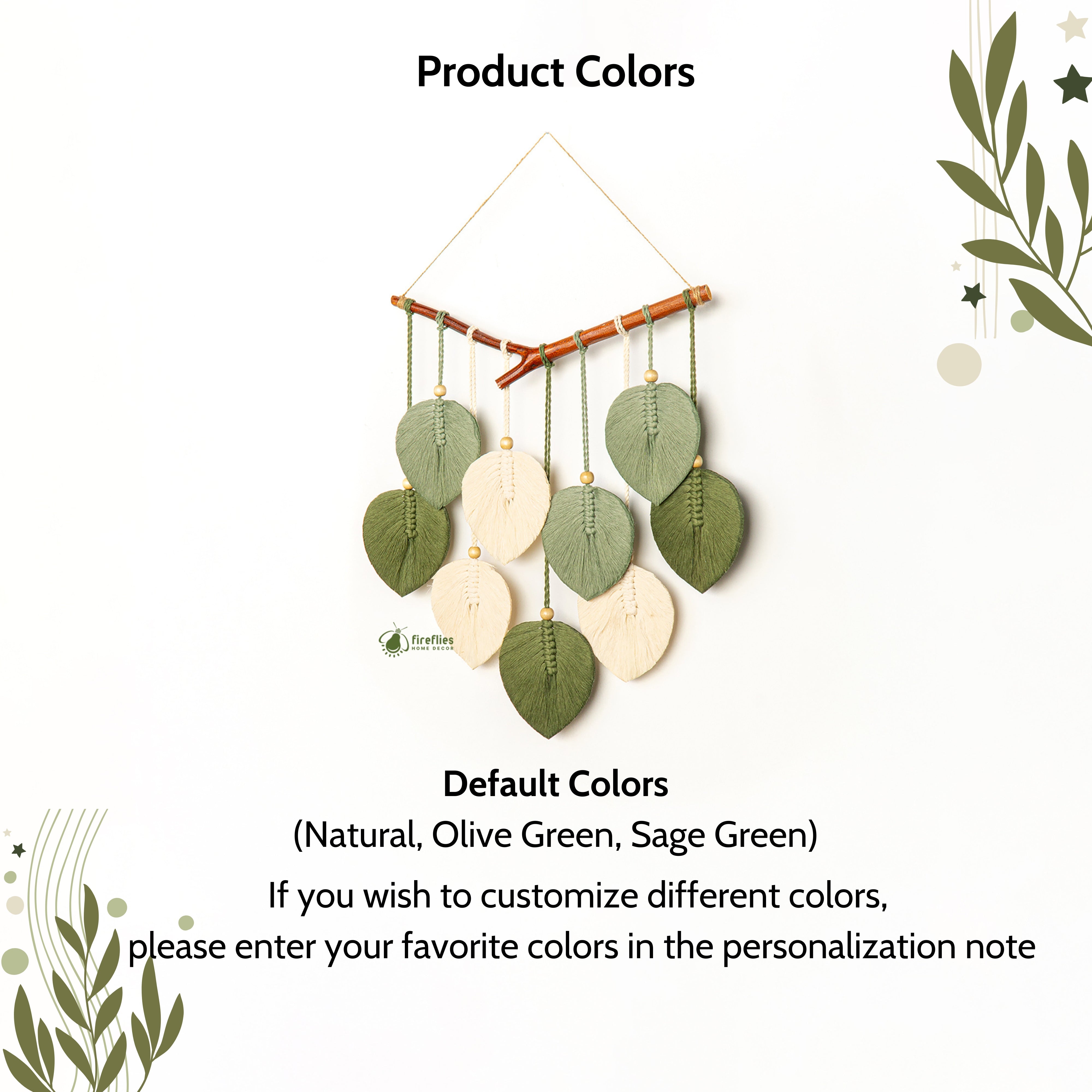 Decorative wall hanging with green and beige leaves on a white background