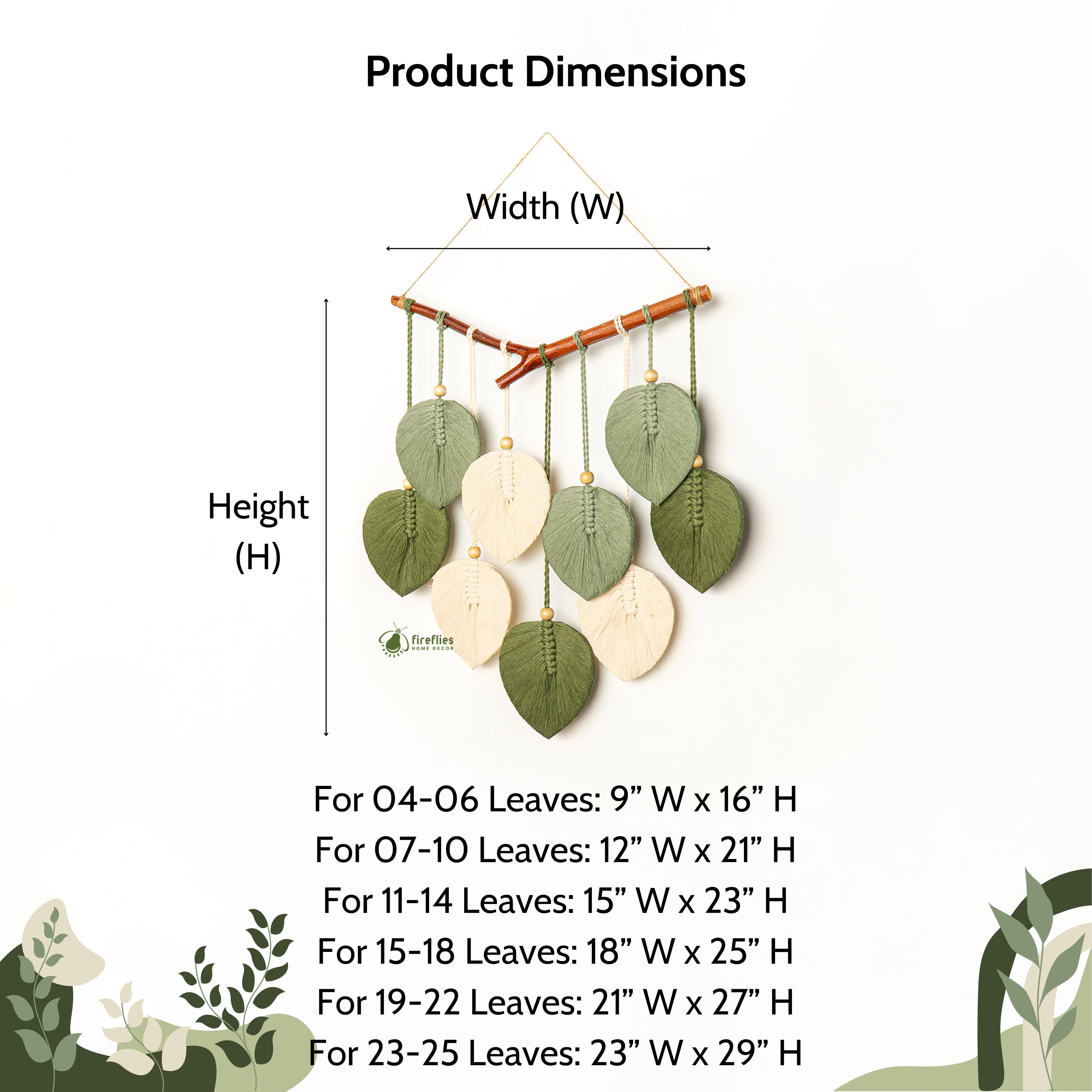 Product dimensions chart for a decorative wall hanging with leaves