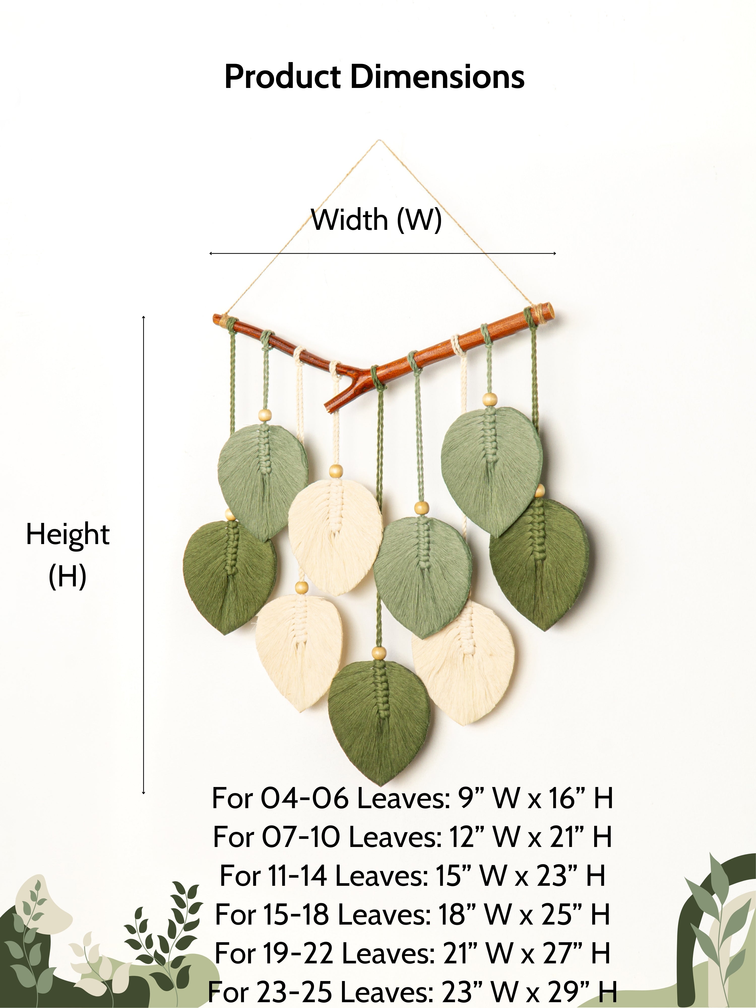Decorative wall hanging with leaves and measurements on a white background