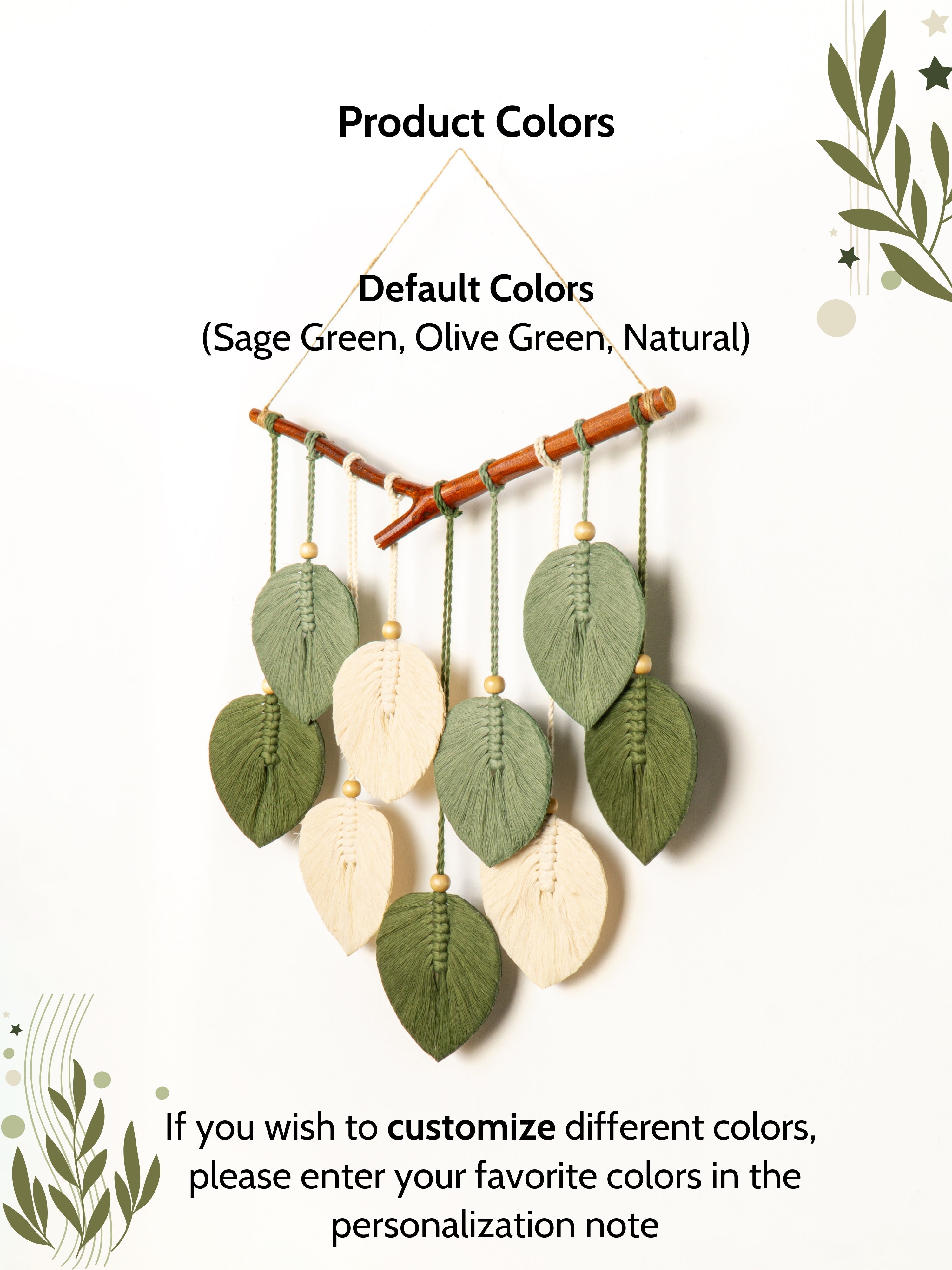 Decorative wall hanging with green and beige leaves on a white background