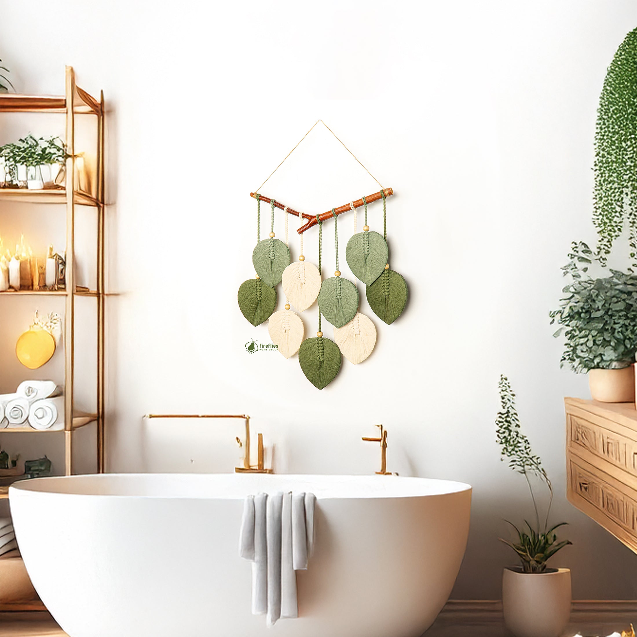 Bathroom interior with a white bathtub, decorative wall hanging, and potted plants.