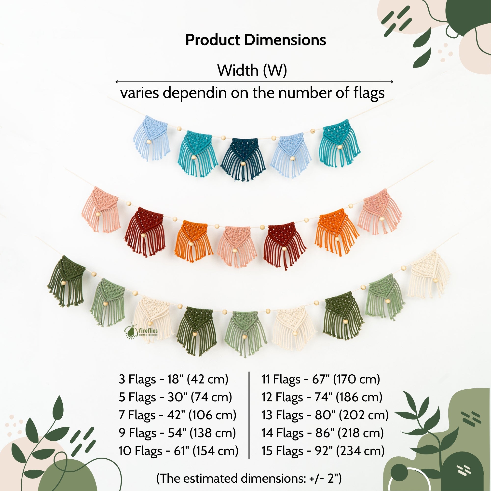 Product dimensions chart for a decorative flag garland with varying numbers of flags and corresponding widths.