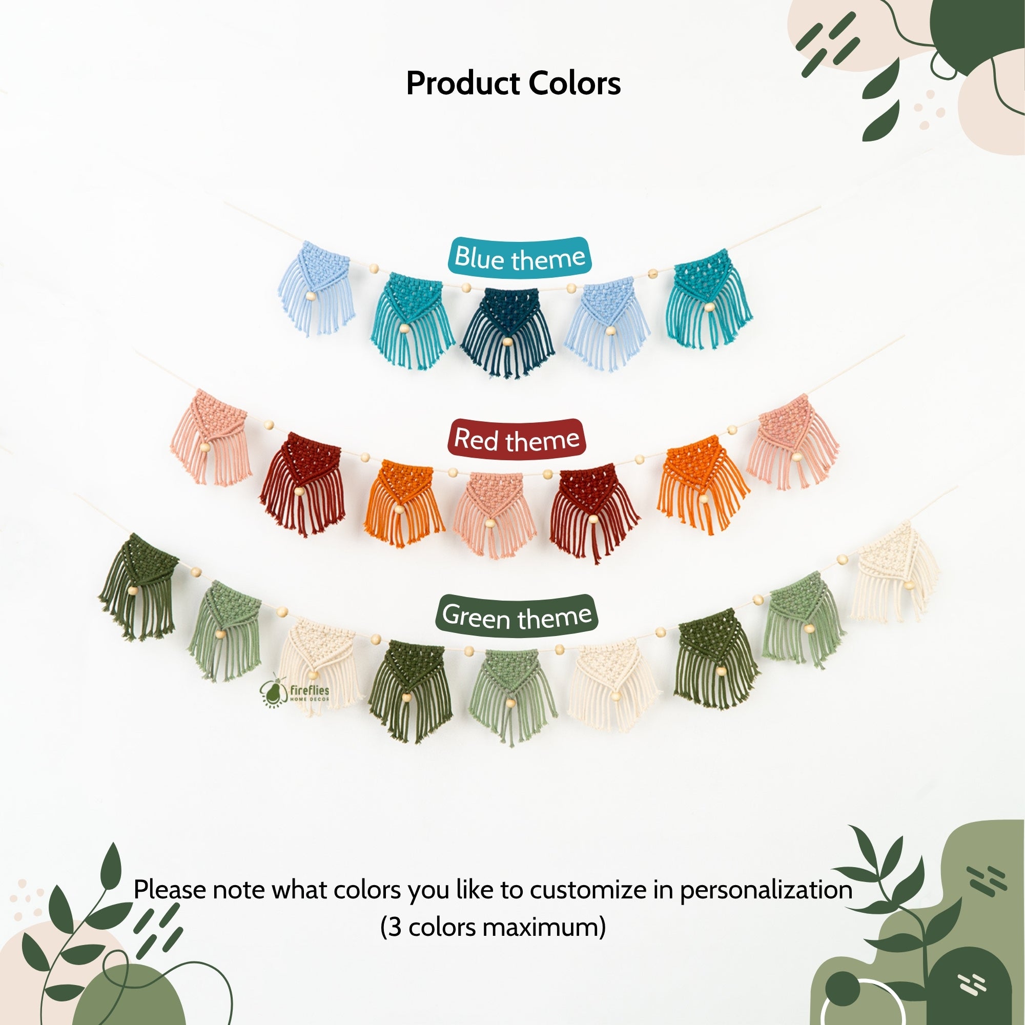 Color-themed decorative garlands with labels for blue, red, and green themes on a white background.