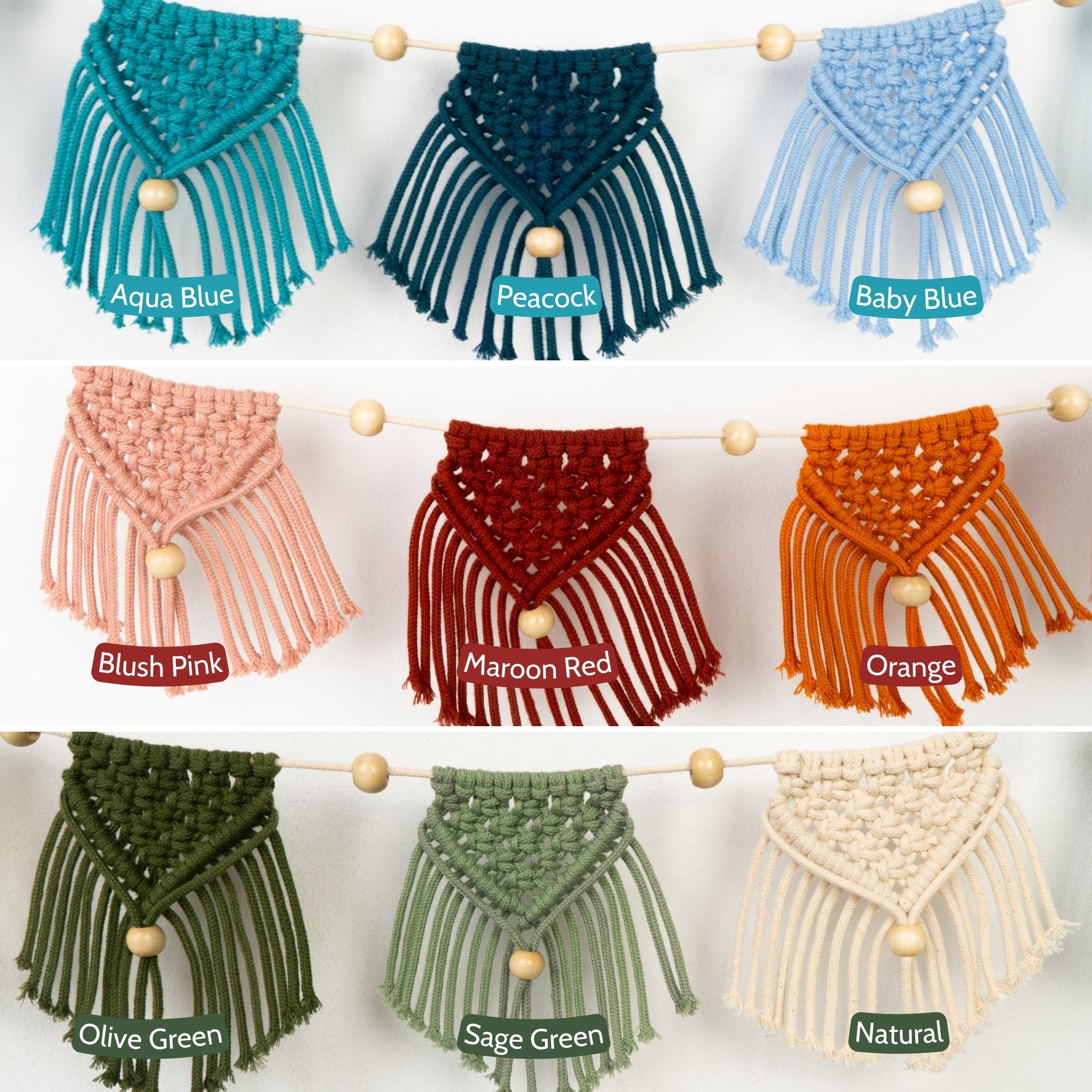 Collection of macrame wall hangings in various colors with color labels.