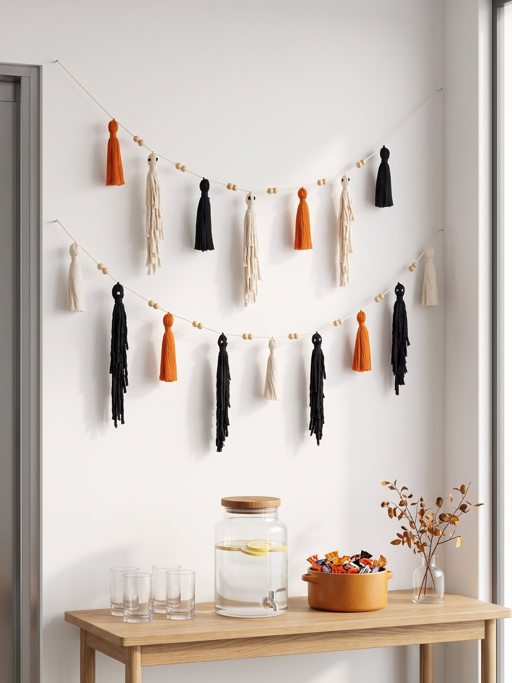 A decorative wall garland with alternating black, orange, and cream tassels hangs above a light wood table in a bright room. The table also holds clear drinking glasses, a glass jar with a wooden lid, and a small vase with dried branches.