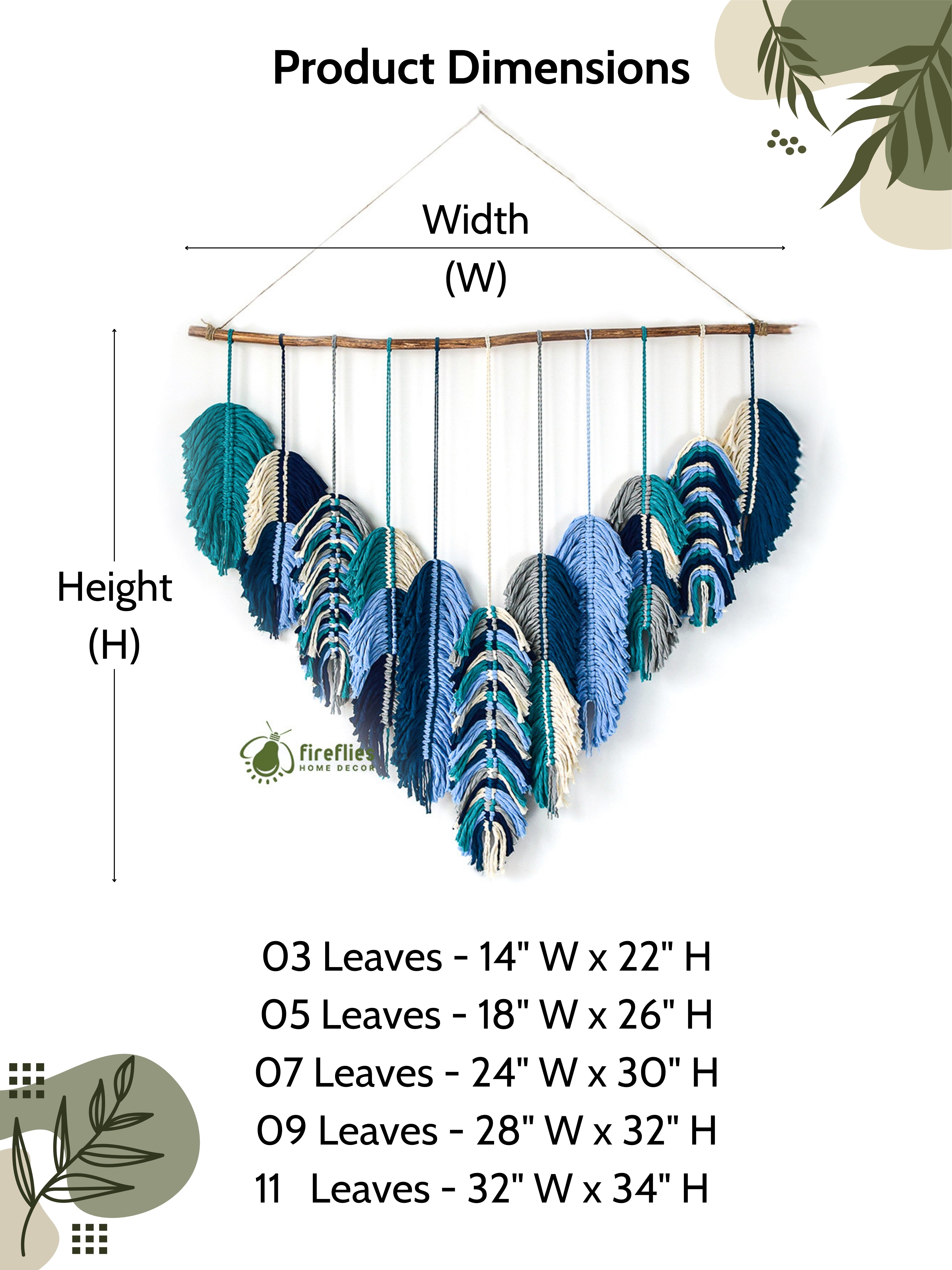 Decorative wall hanging with leaf design and measurement chart on a white background