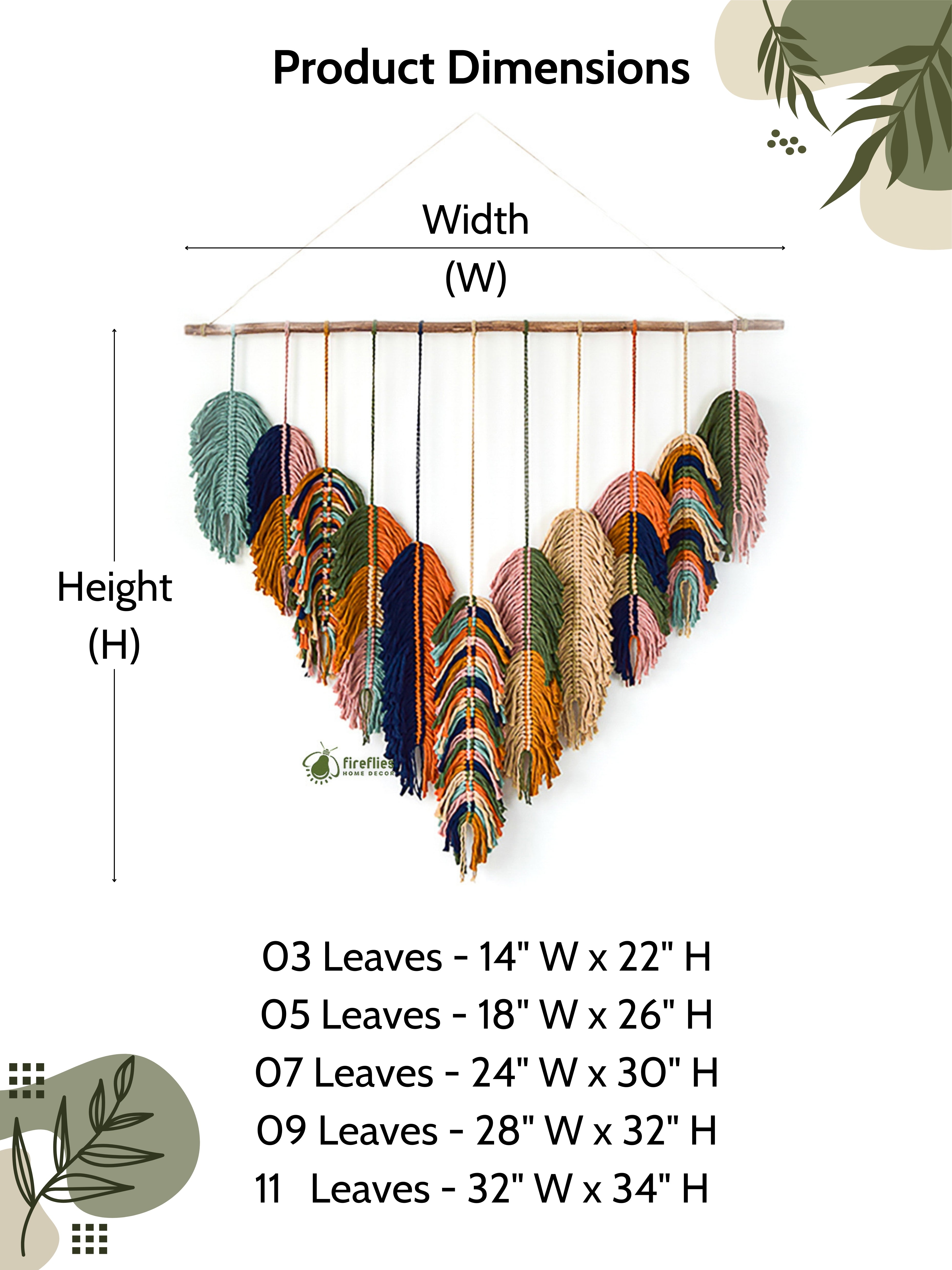 Measurement chart for a decorative wall hanging with leaves, showing width and height dimensions.