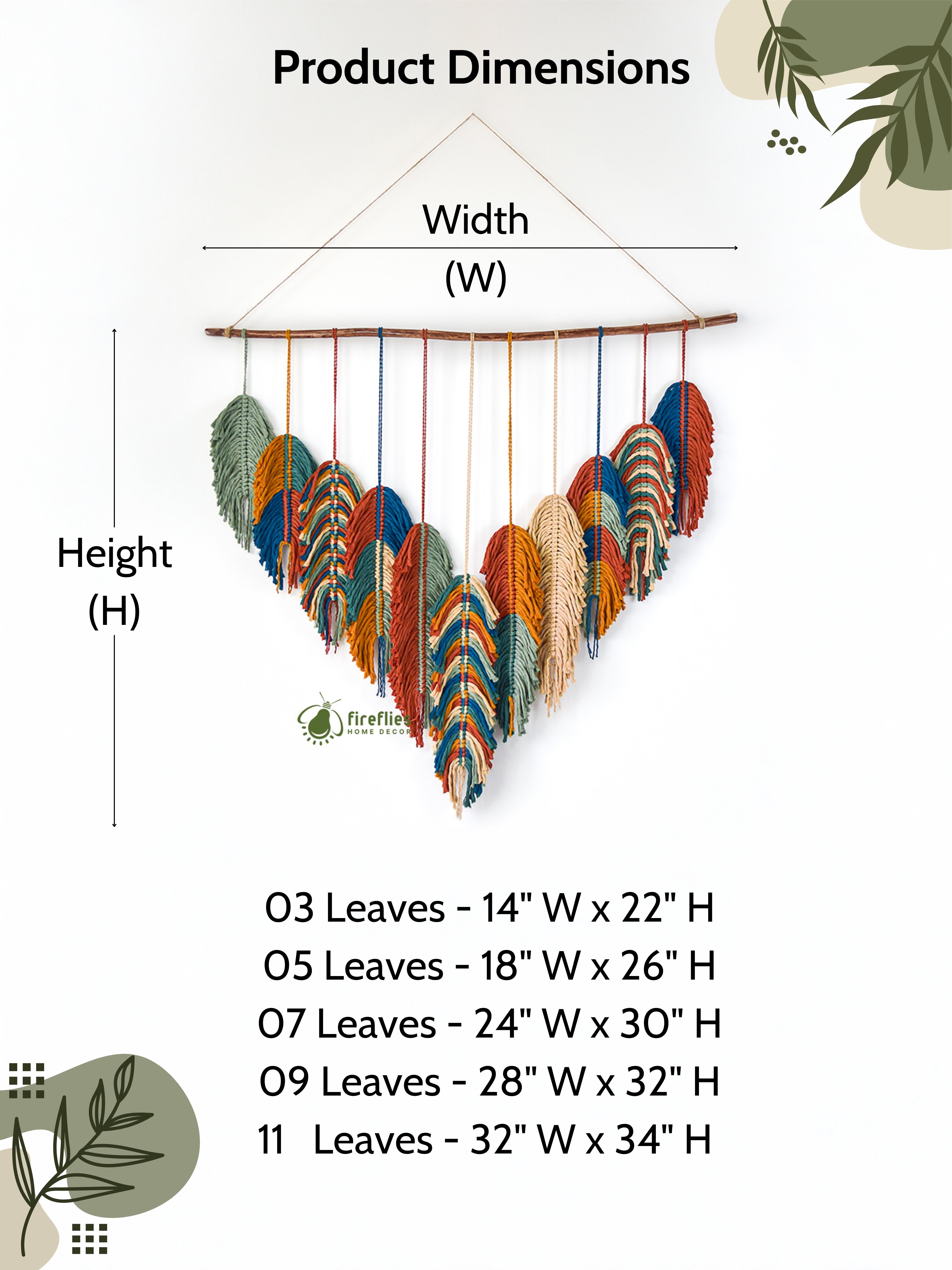Decorative wall hanging with leaf design and measurement chart on a white background