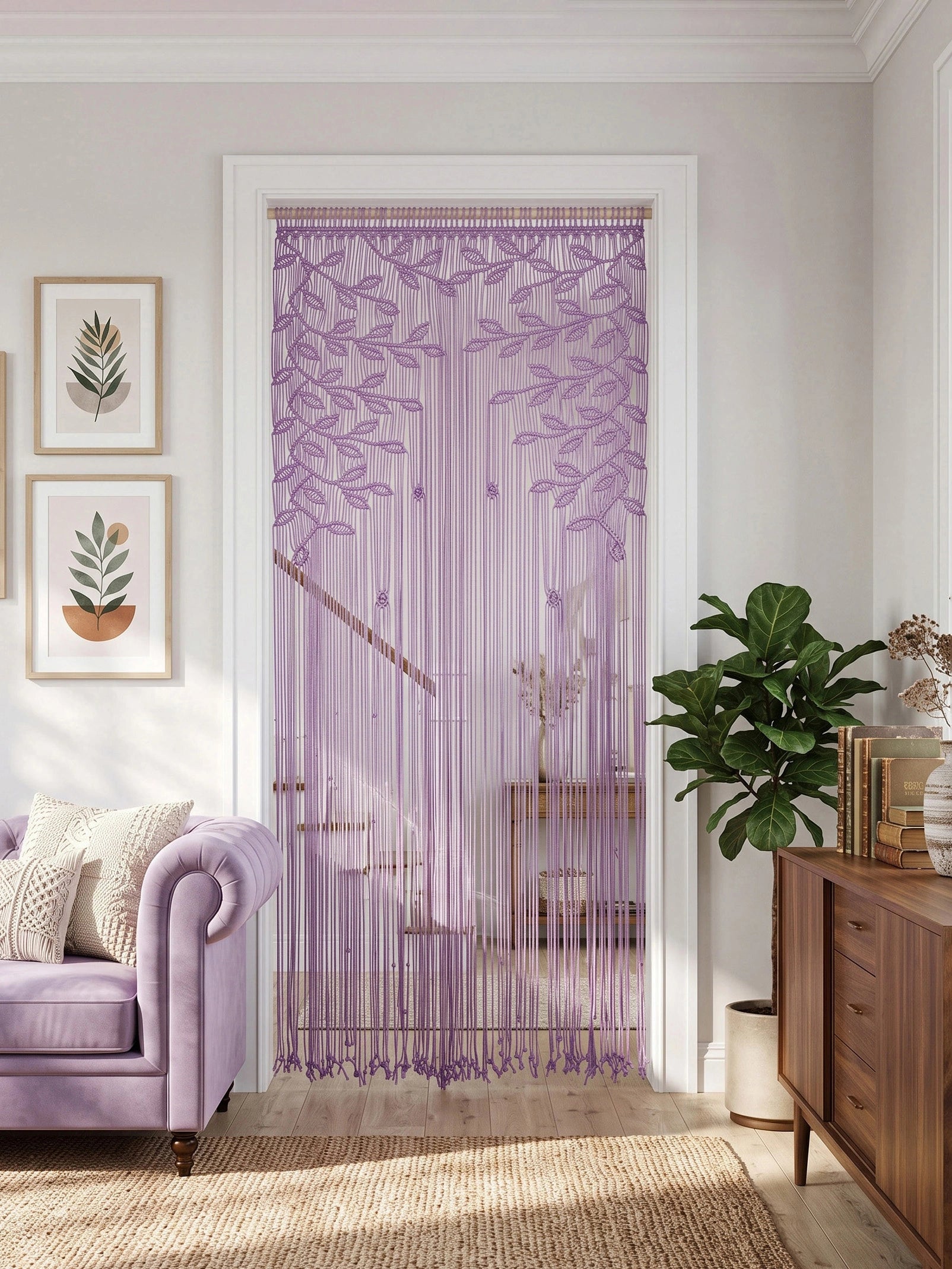A purple embroidered burlap door curtain hanging in a doorway of a bright, modern room with a lavender armchair, framed botanical prints, and a wooden sideboard with a green plant.