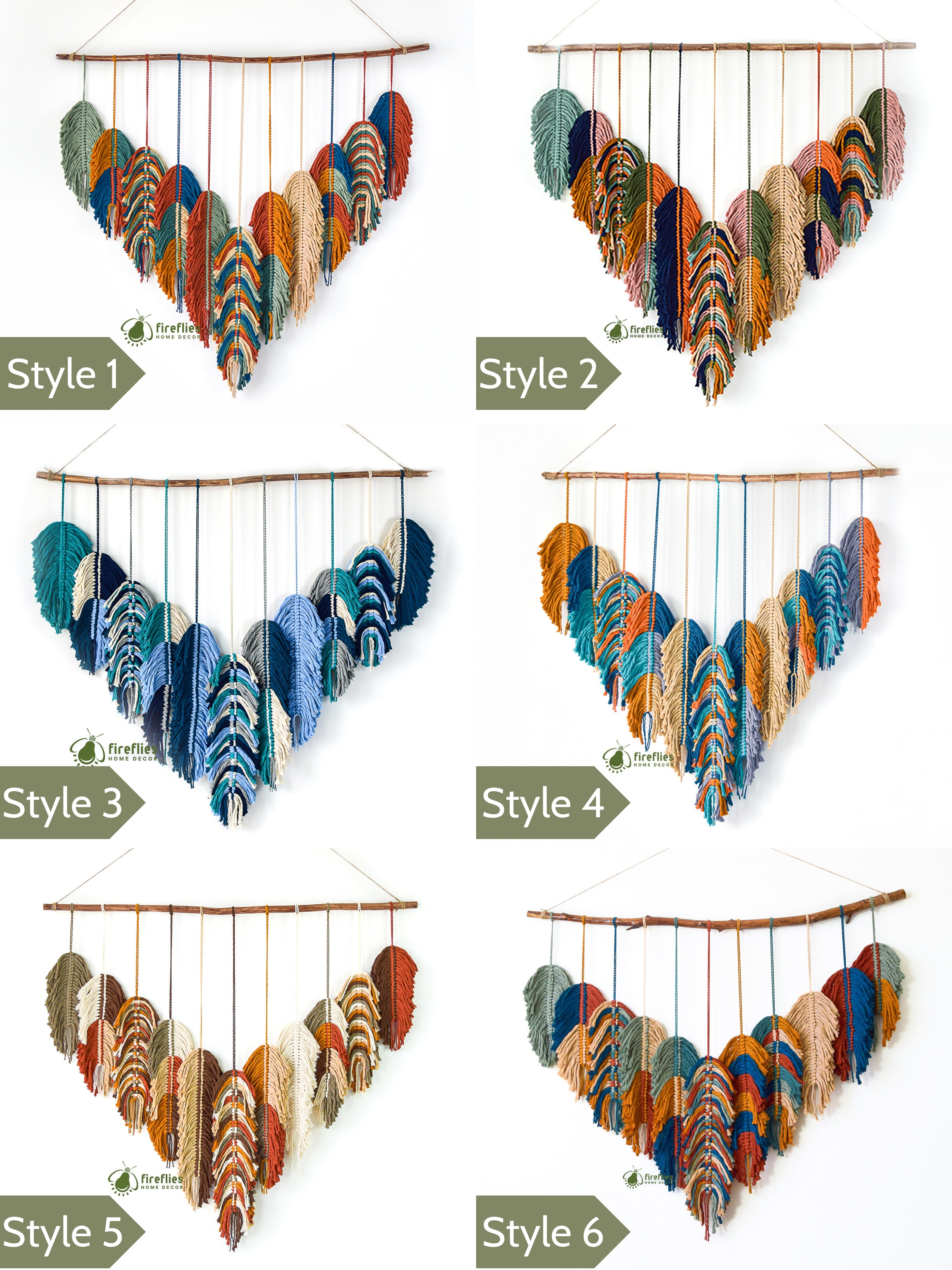 Set of six colorful feather wall art pieces in different styles on a white background.