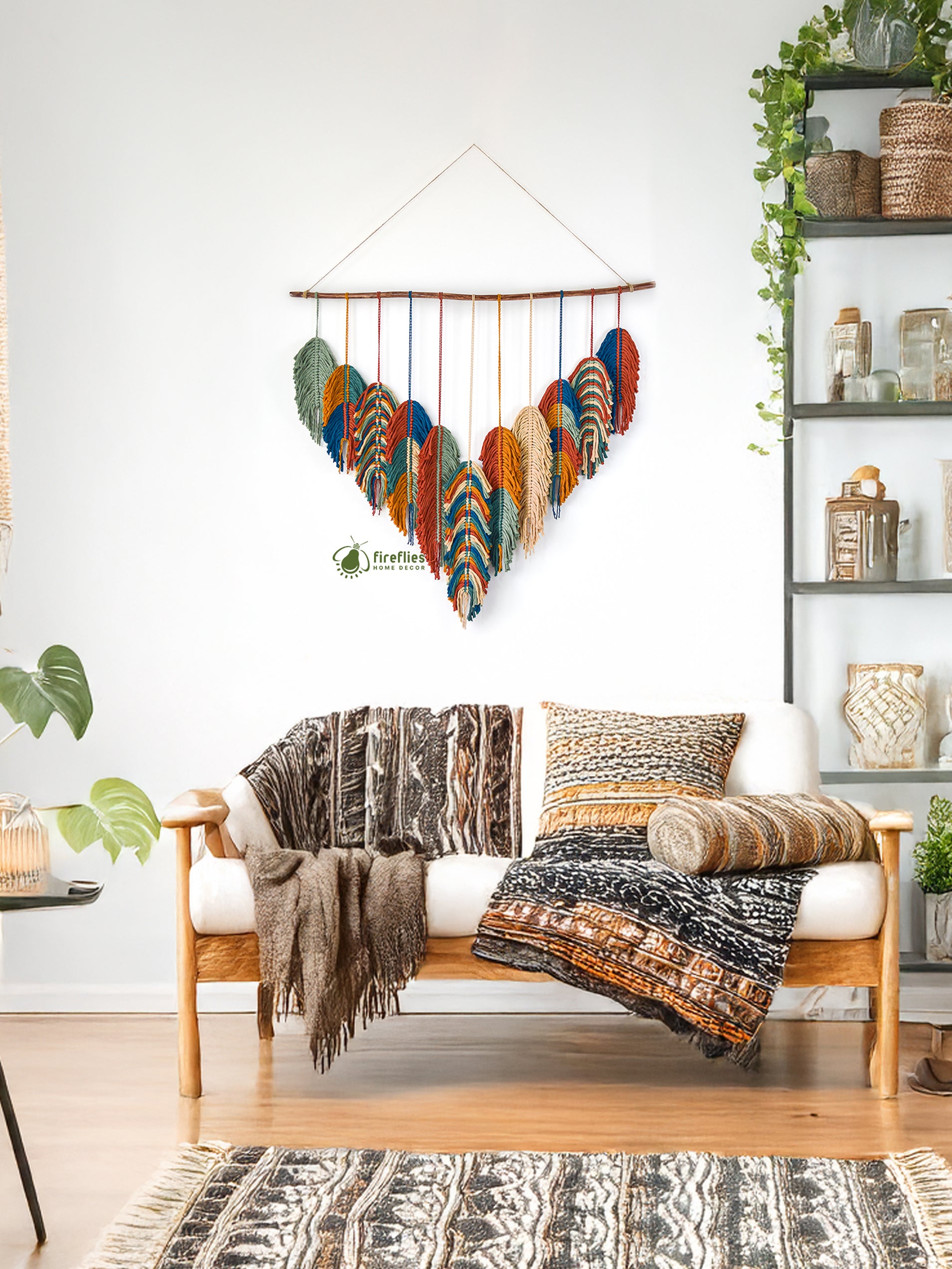 Decorative wall hanging with colorful heart shapes in a living room setting.