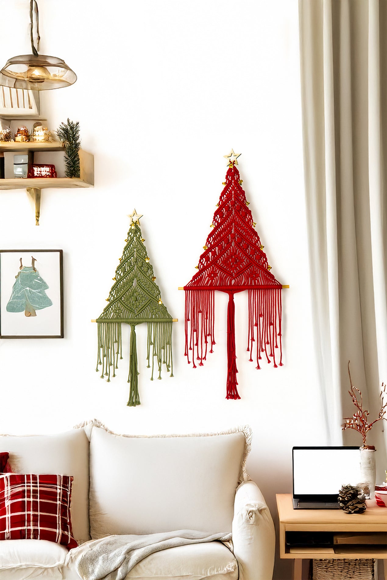 Red and green macramé Christmas trees hanging on a wall in a living room.