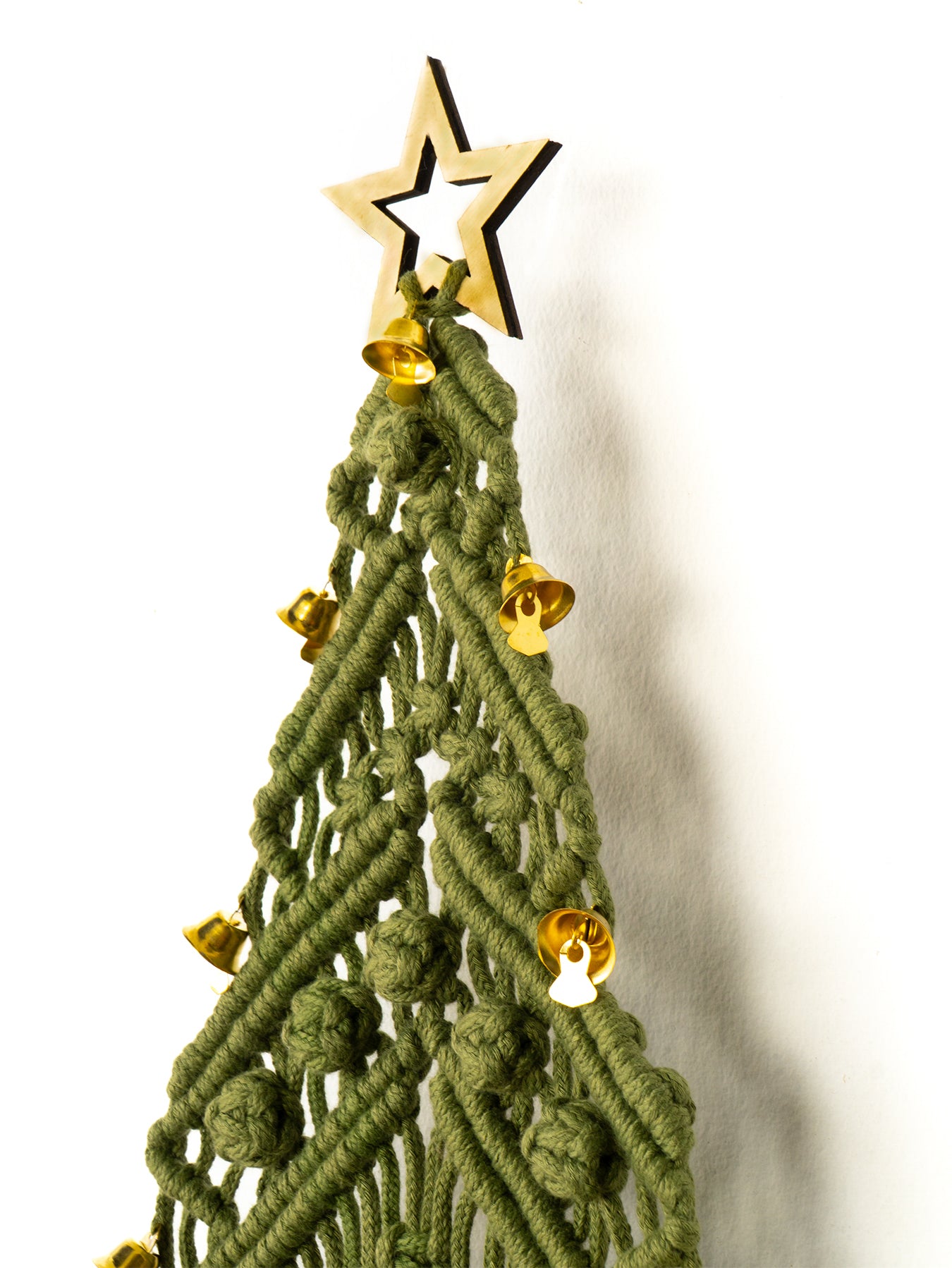 Two macrame Christmas trees, one green and one beige, with red beads and gold stars on a white background.