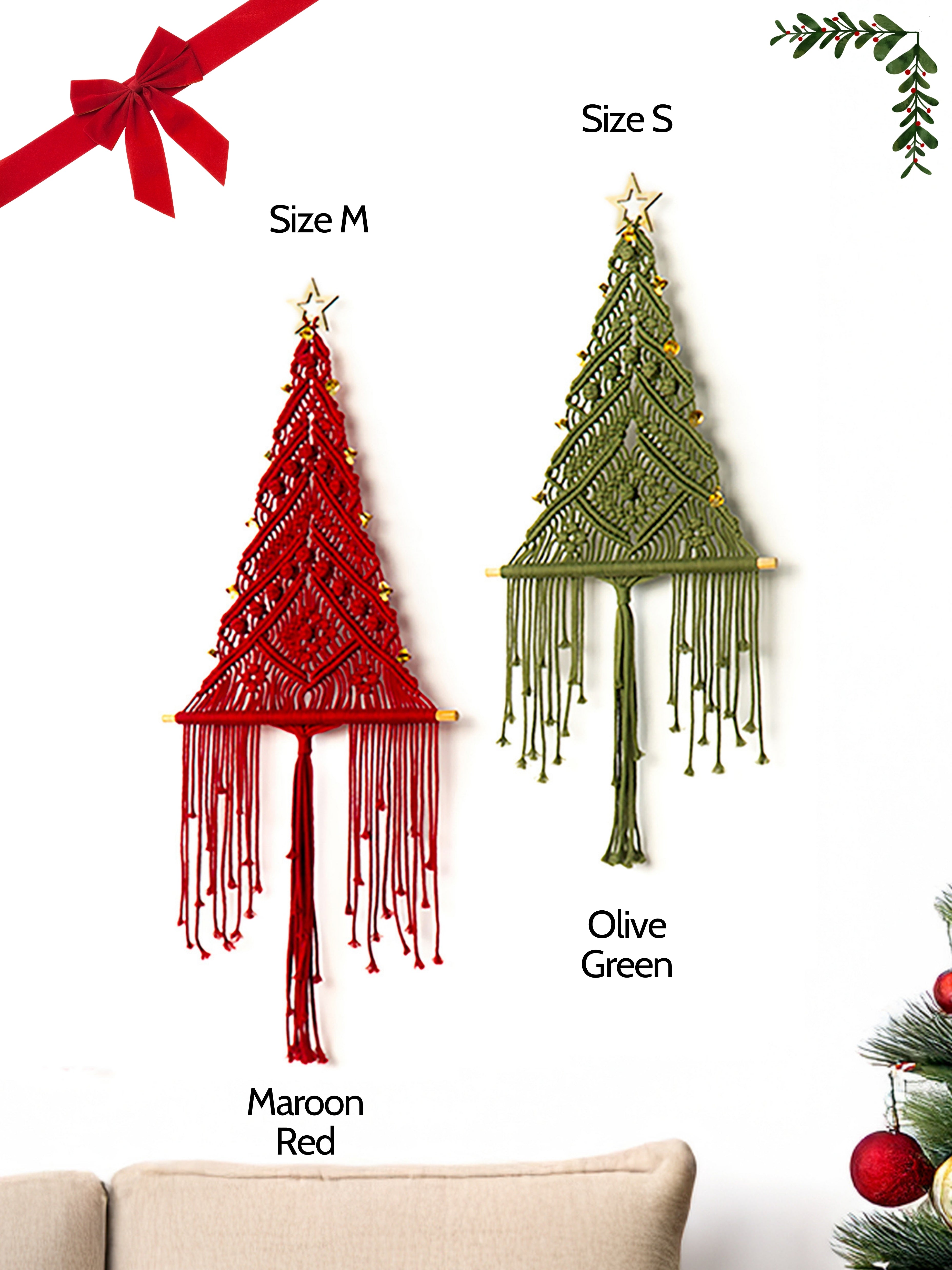 Two macrame Christmas tree wall hangings, one red and one olive green, on a white background.