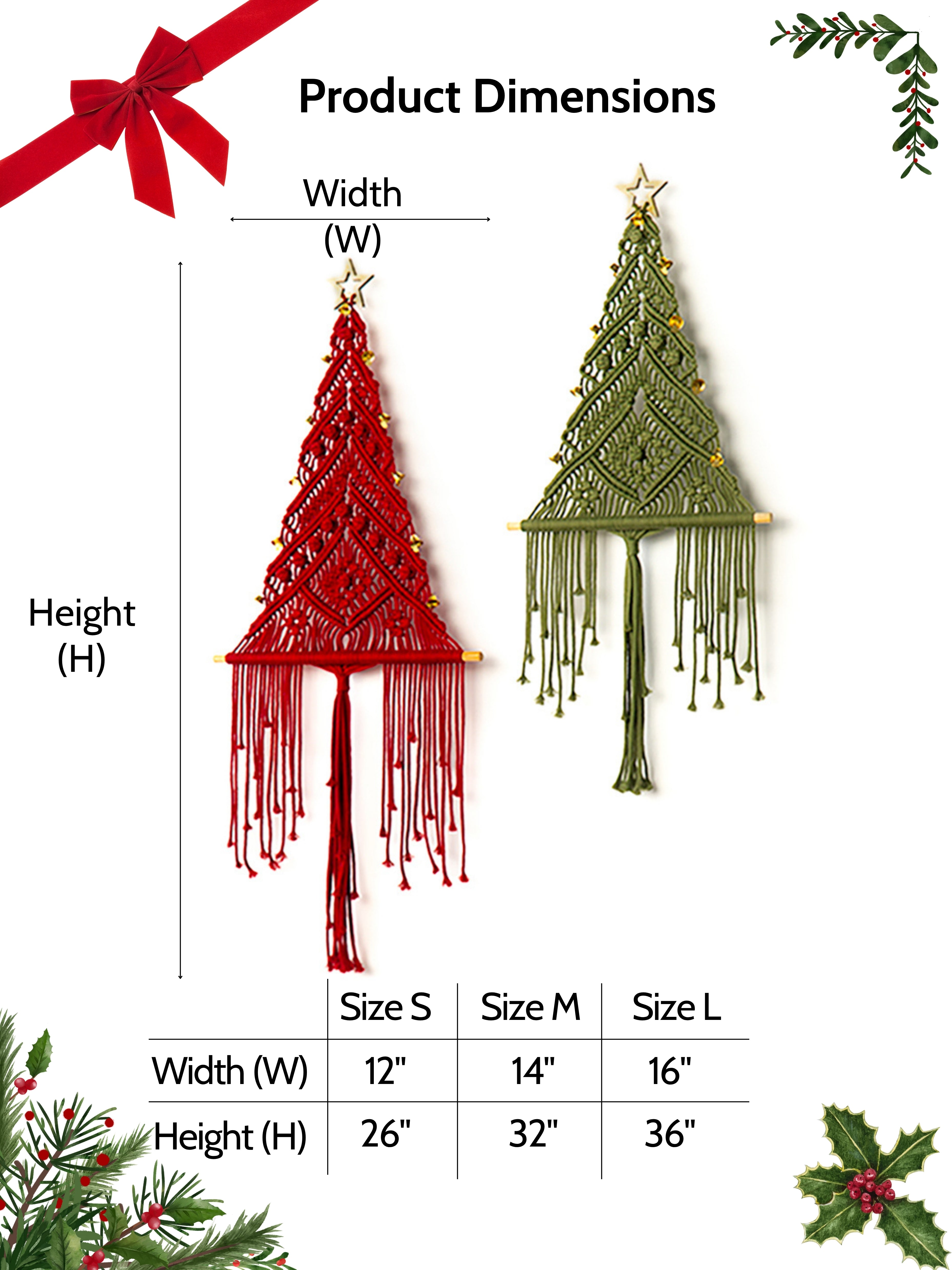 Product dimensions chart for red and green macrame Christmas tree decorations with sizes S, M, and L.