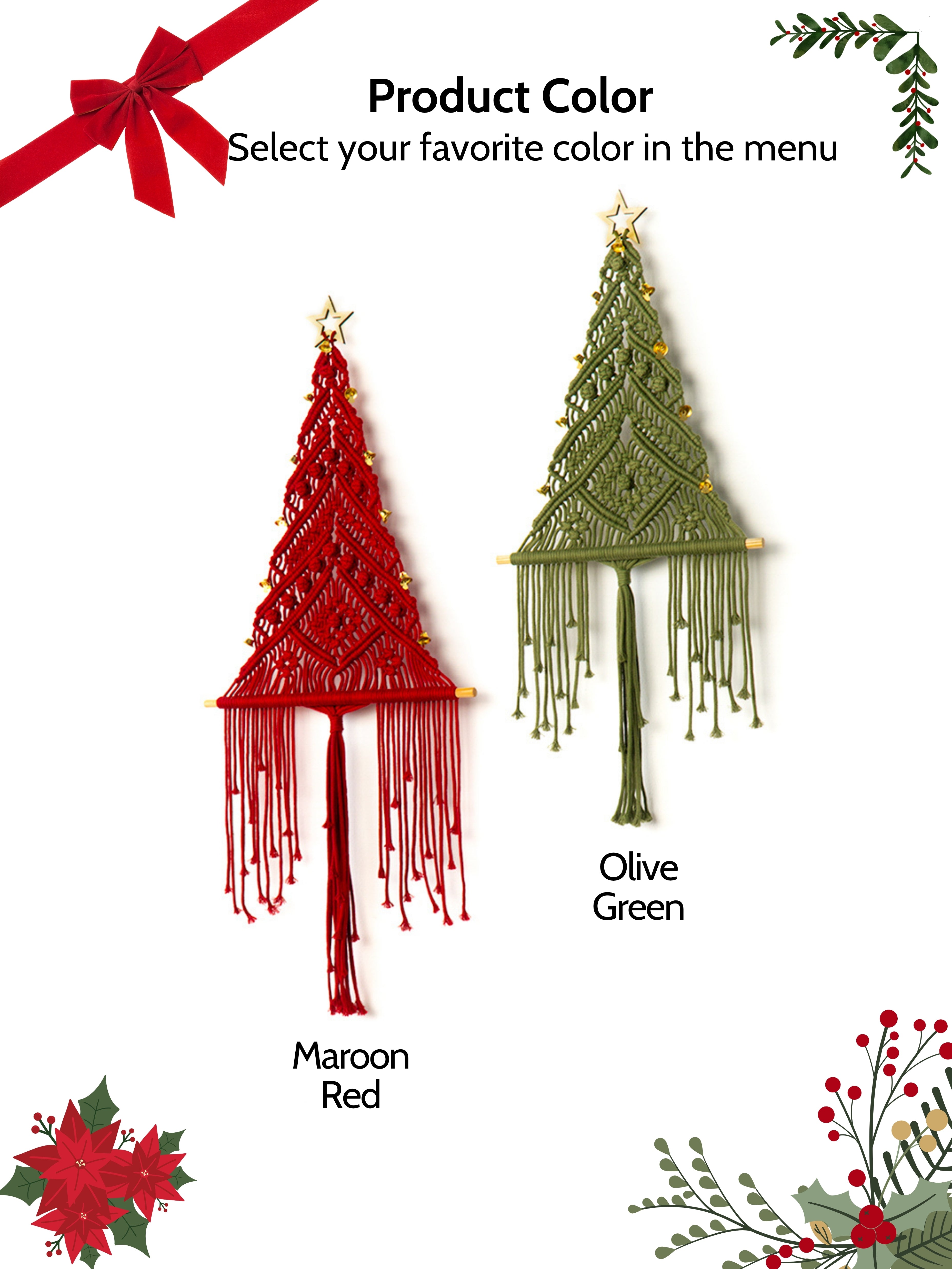 Two macrame Christmas tree wall hangings, one red and one olive green, with decorative elements on a white background.