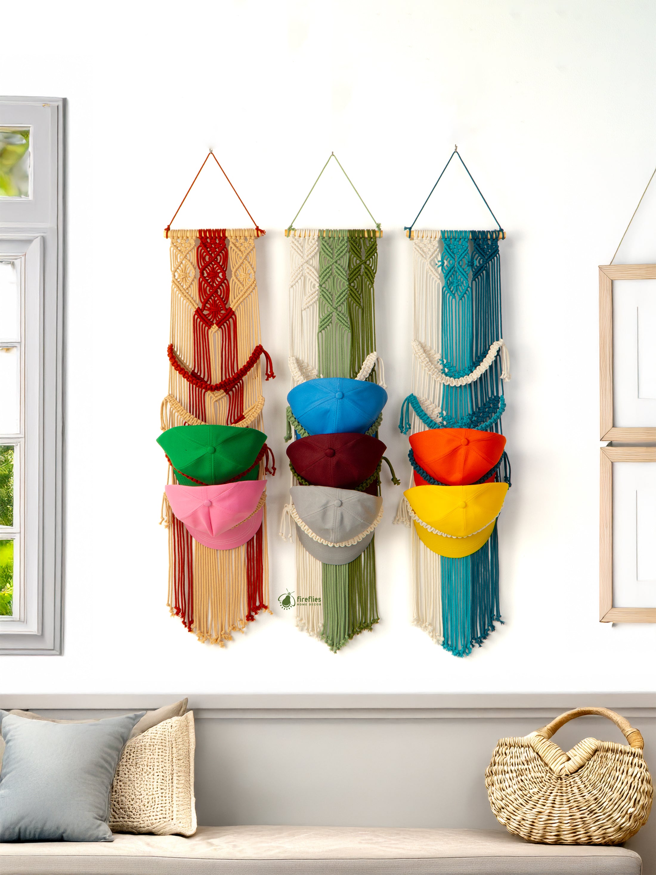 Colorful wall hanging with bags on a white wall