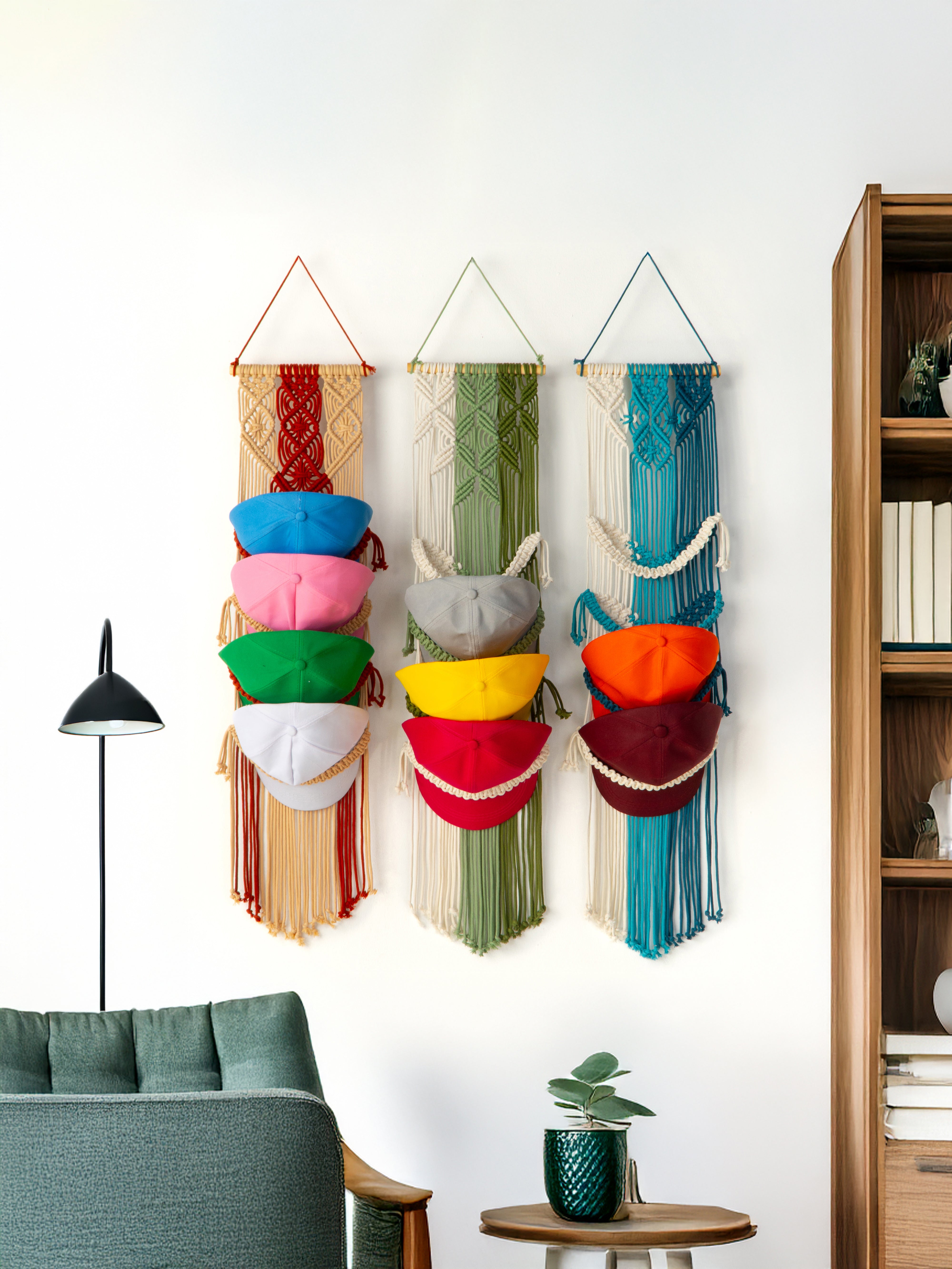 Colorful wall hangings with hats in a living room setting