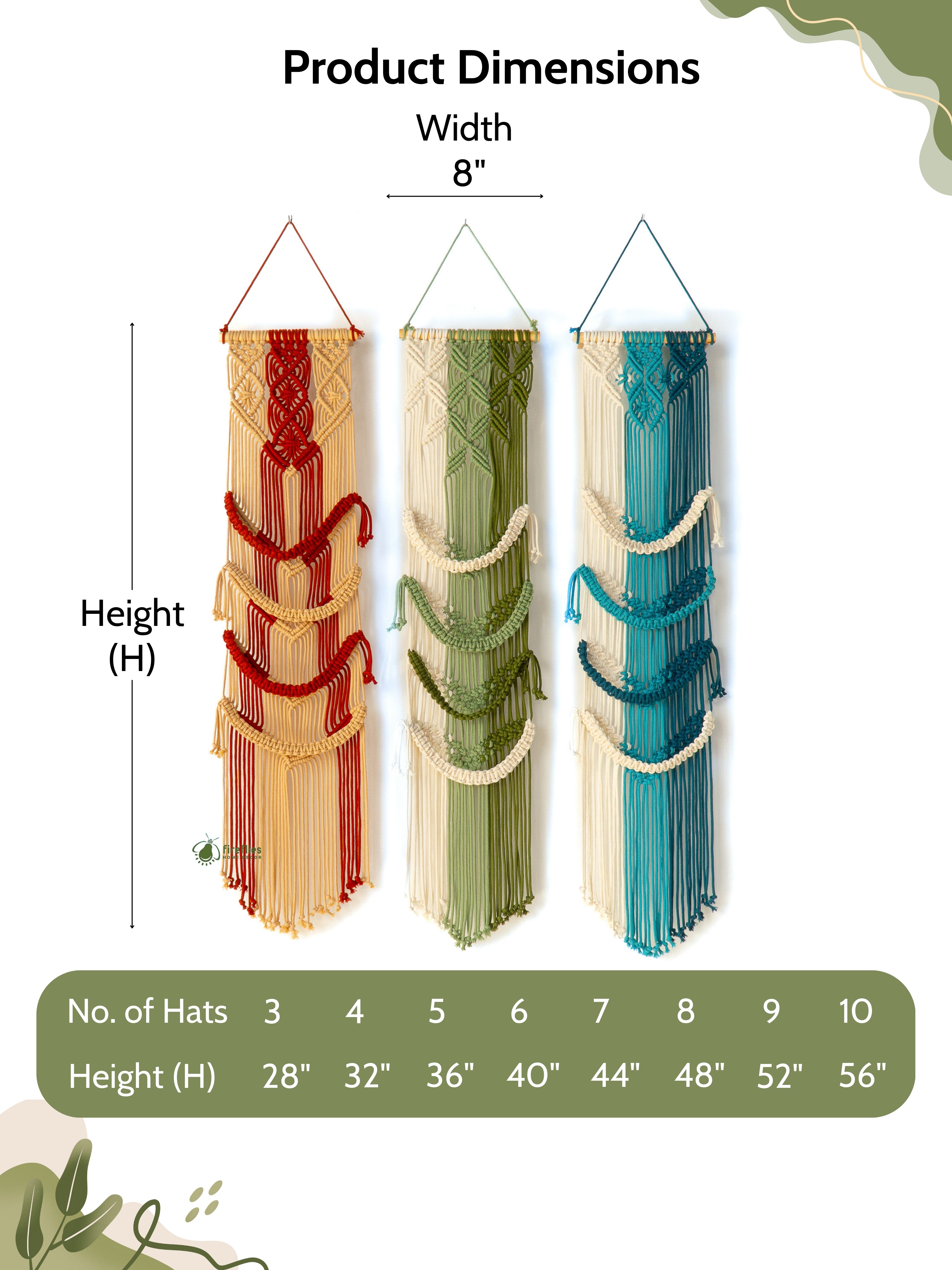 Hanging hat organizer with dimensions displayed on a green background