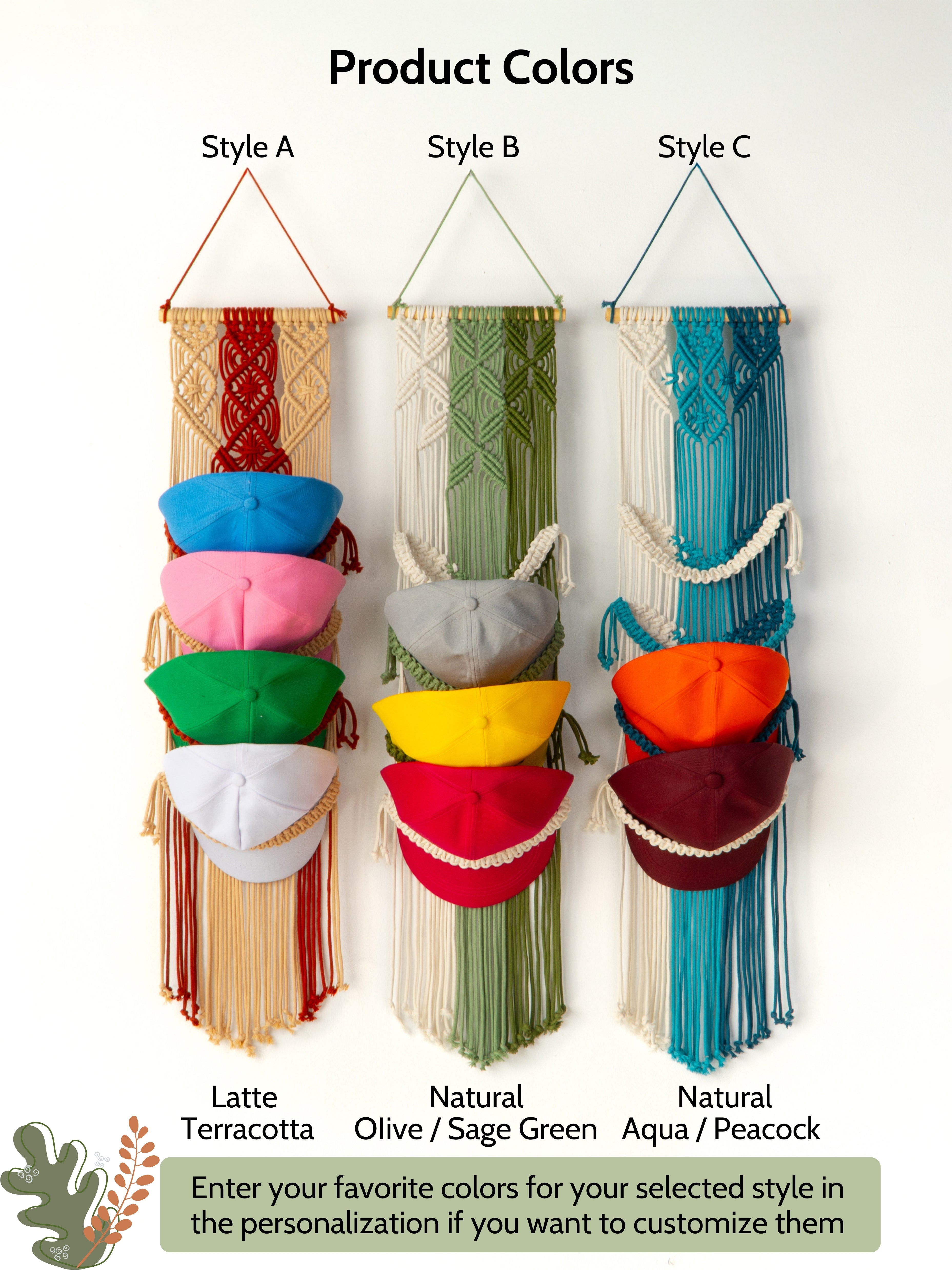 Colorful wall hanging with various color options labeled on a white background