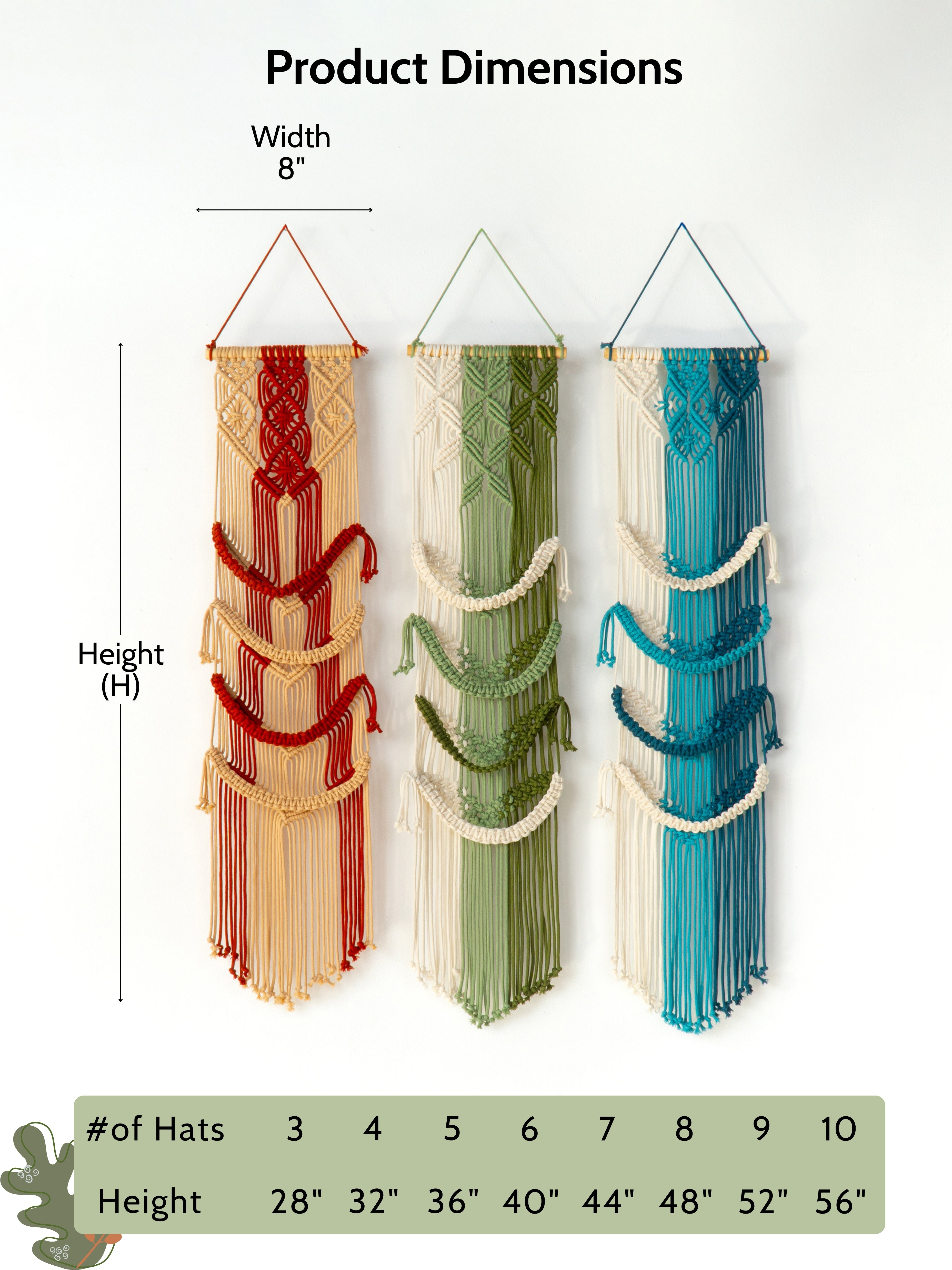 Three macrame wall hangings in red, green, and blue with dimensions displayed.