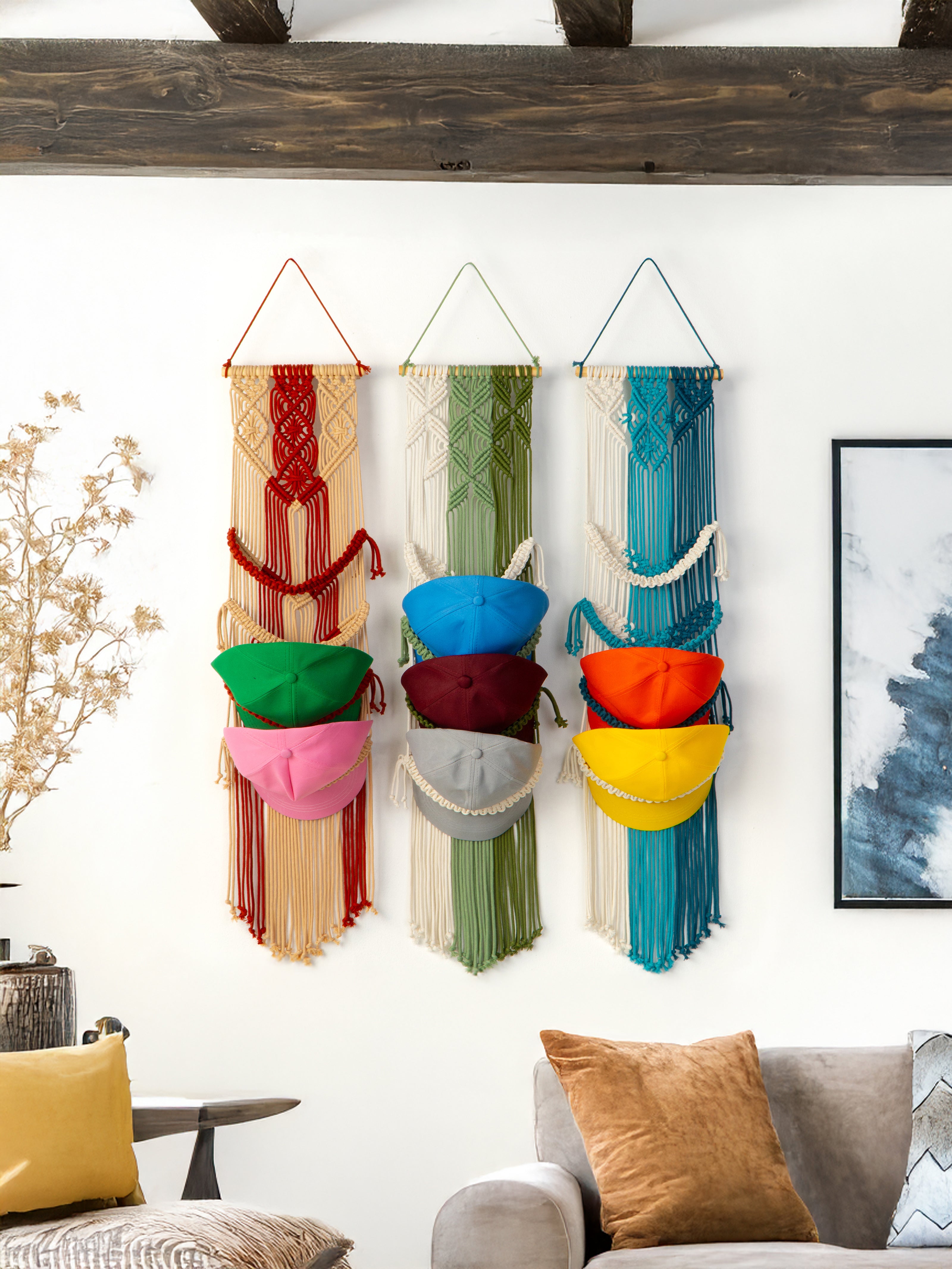 Colorful wall hanging with multiple pouches in a living room setting