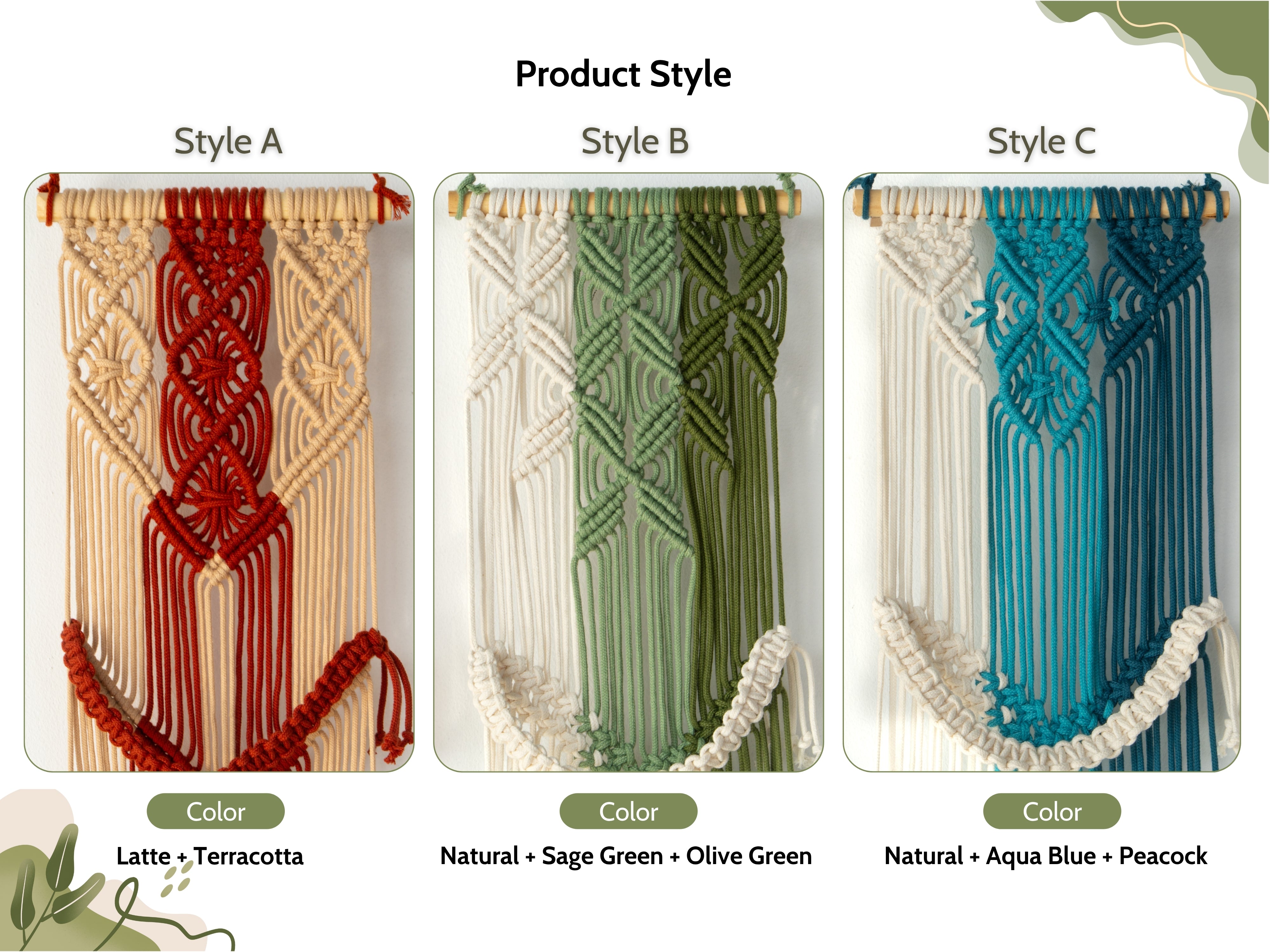 Three macrame wall hangings with different color schemes and styles.