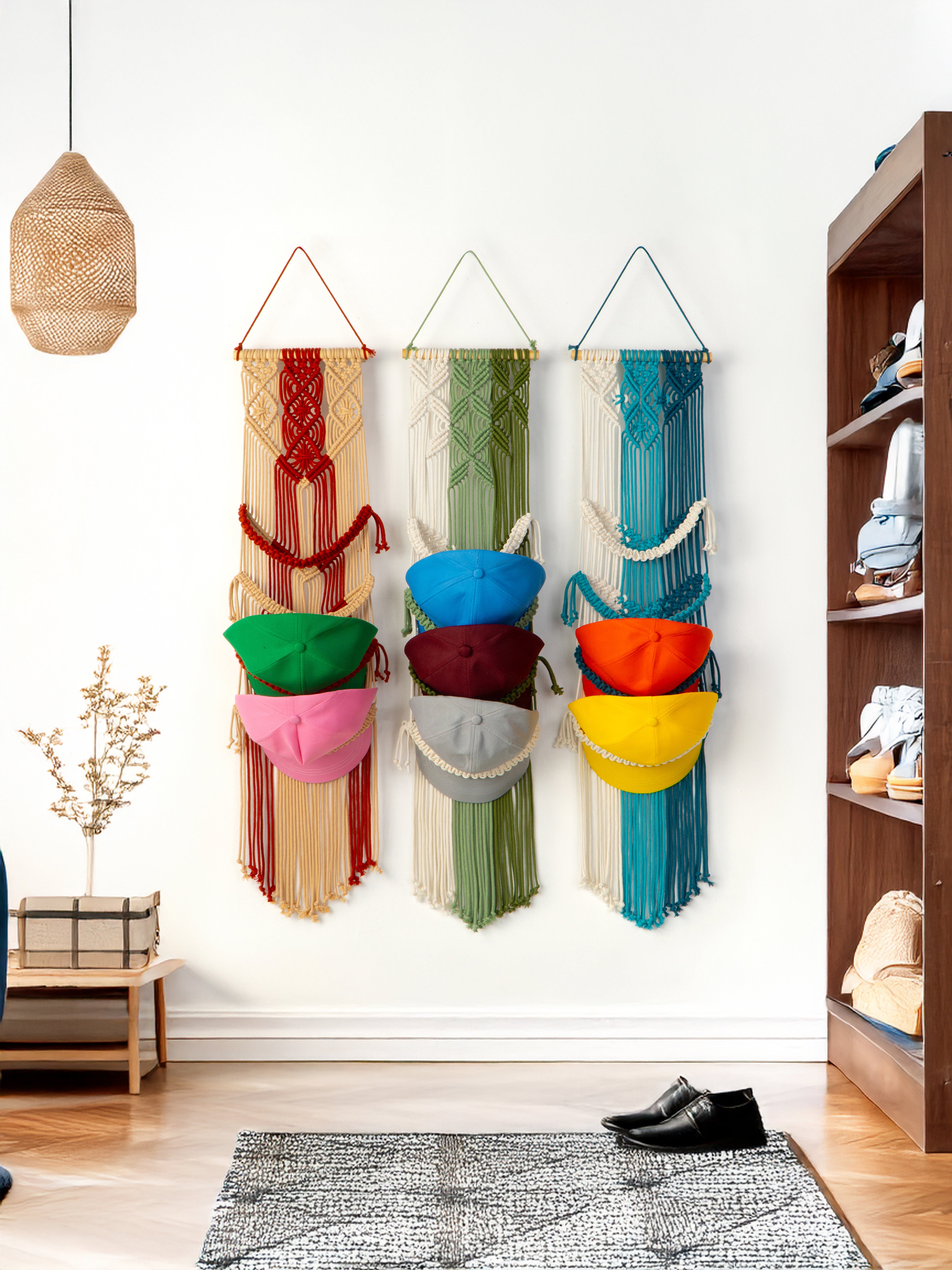 Colorful wall hangings in a room with a rug and shelf.
