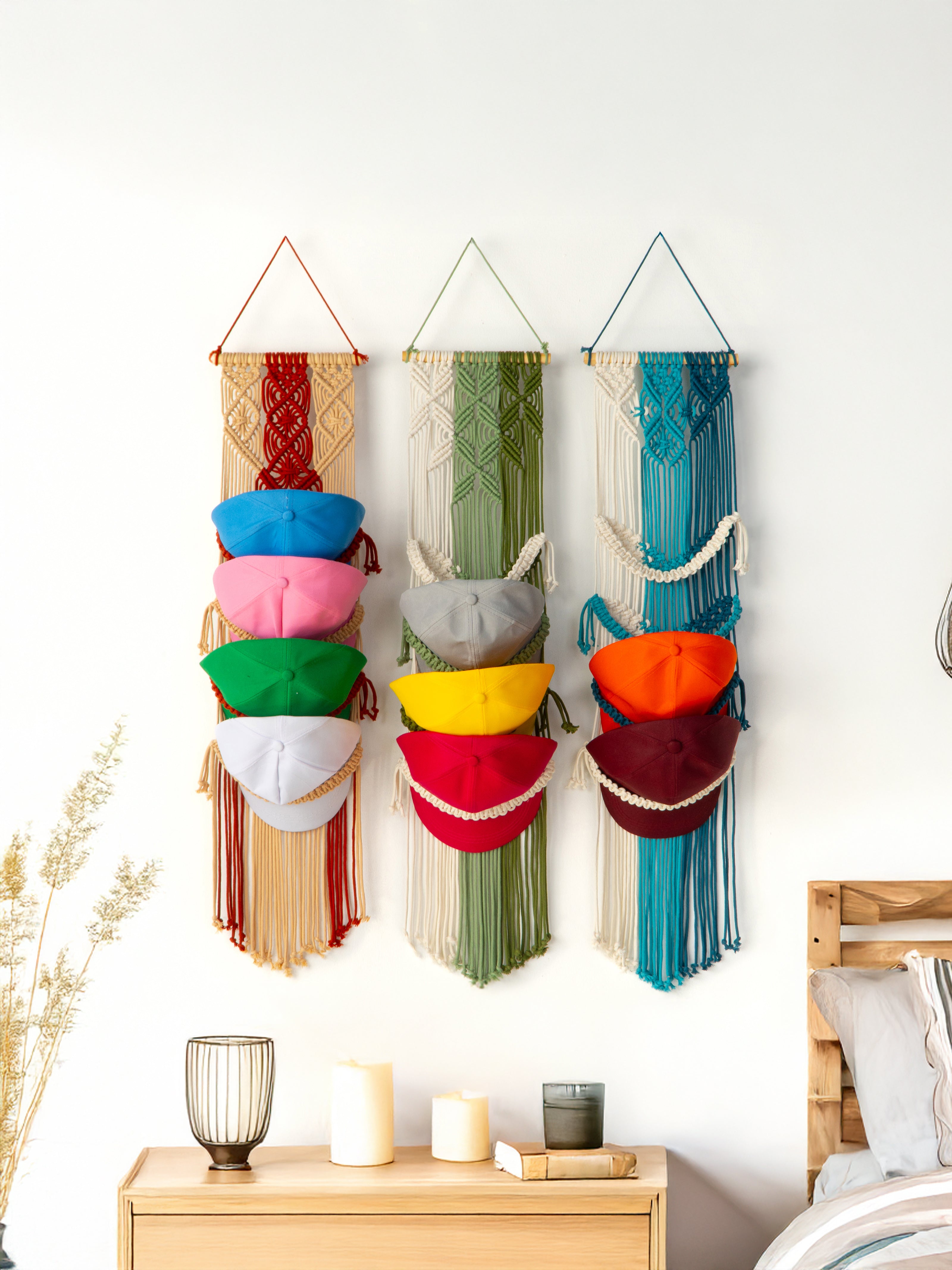 Colorful wall hanging with pouches in a bedroom setting
