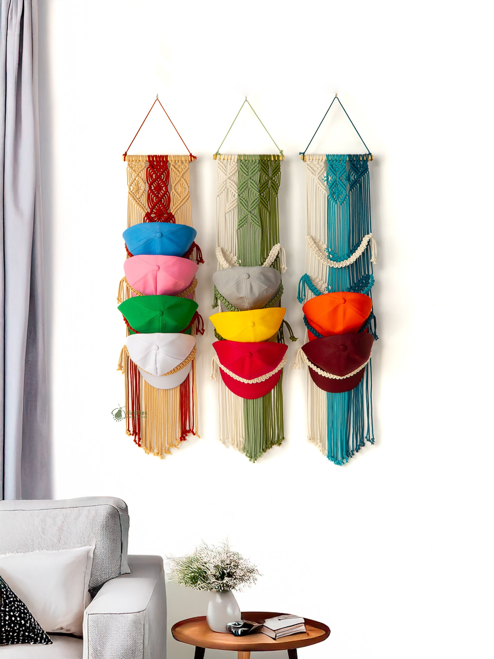 Colorful wall hanging with multiple pouches in a living room setting