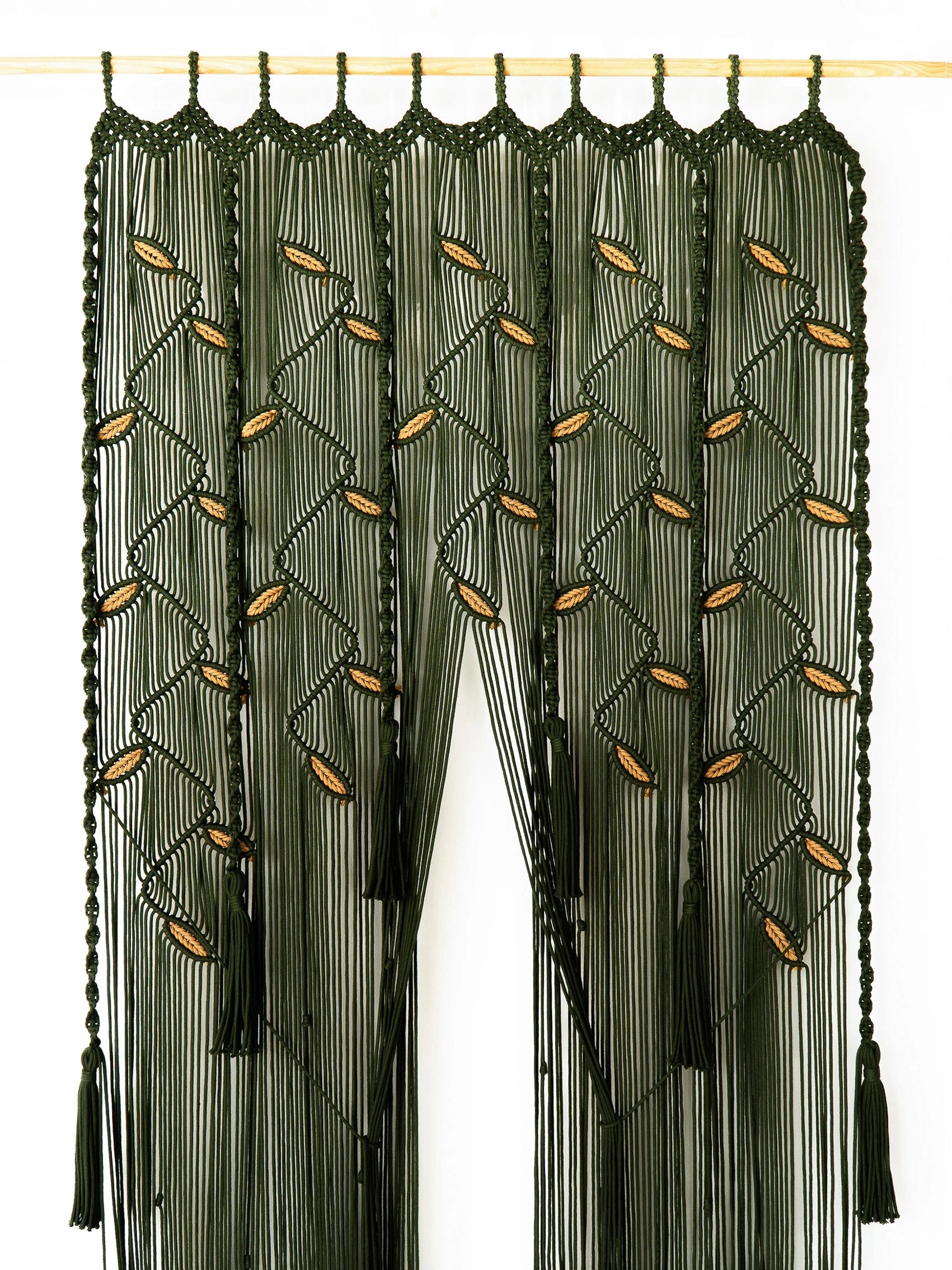 Large Dark Green Macrame Doorway Curtain with Latte Leaf Accents
